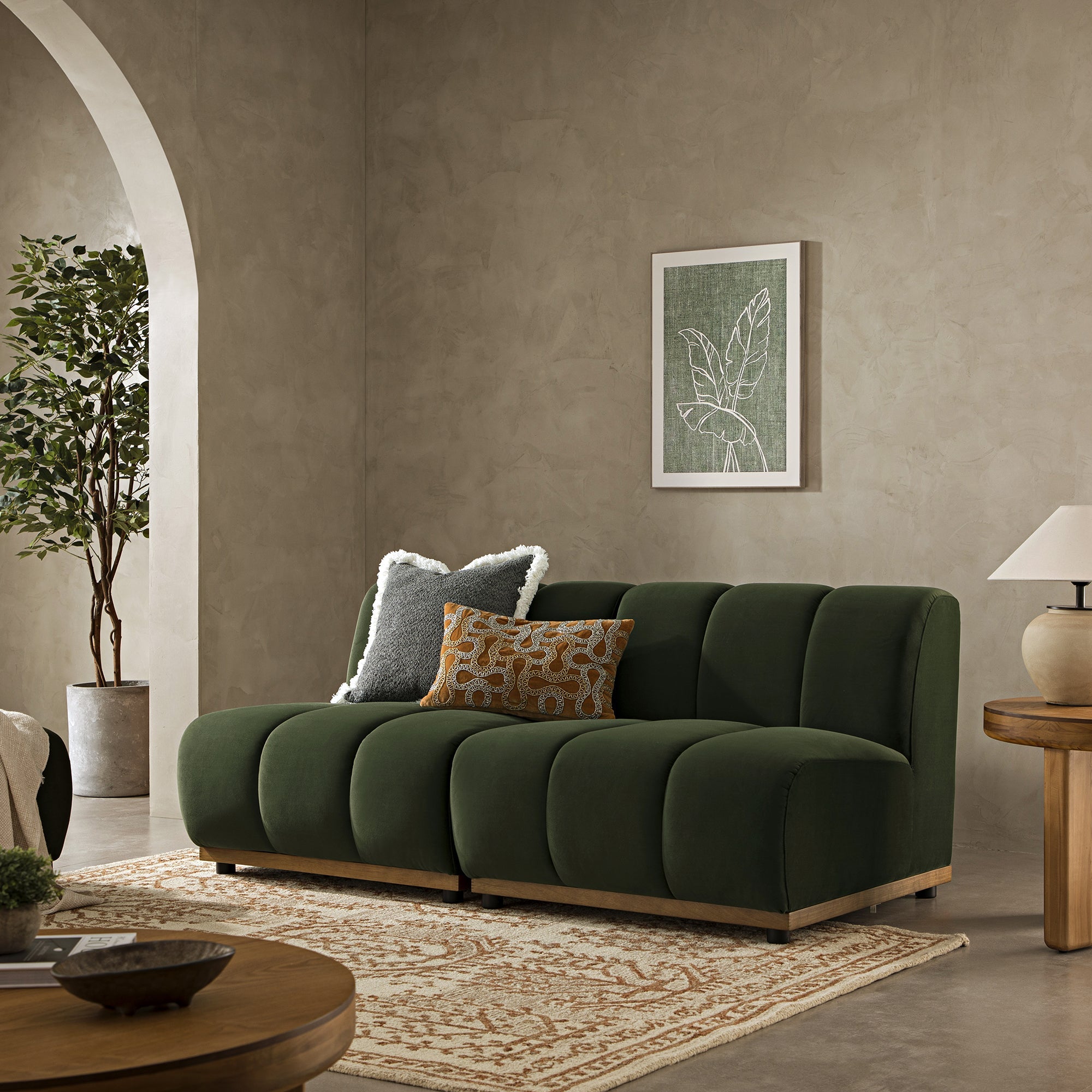 Granvia Moss Green Velvet Modular Sofa, 2-Seater Sofa