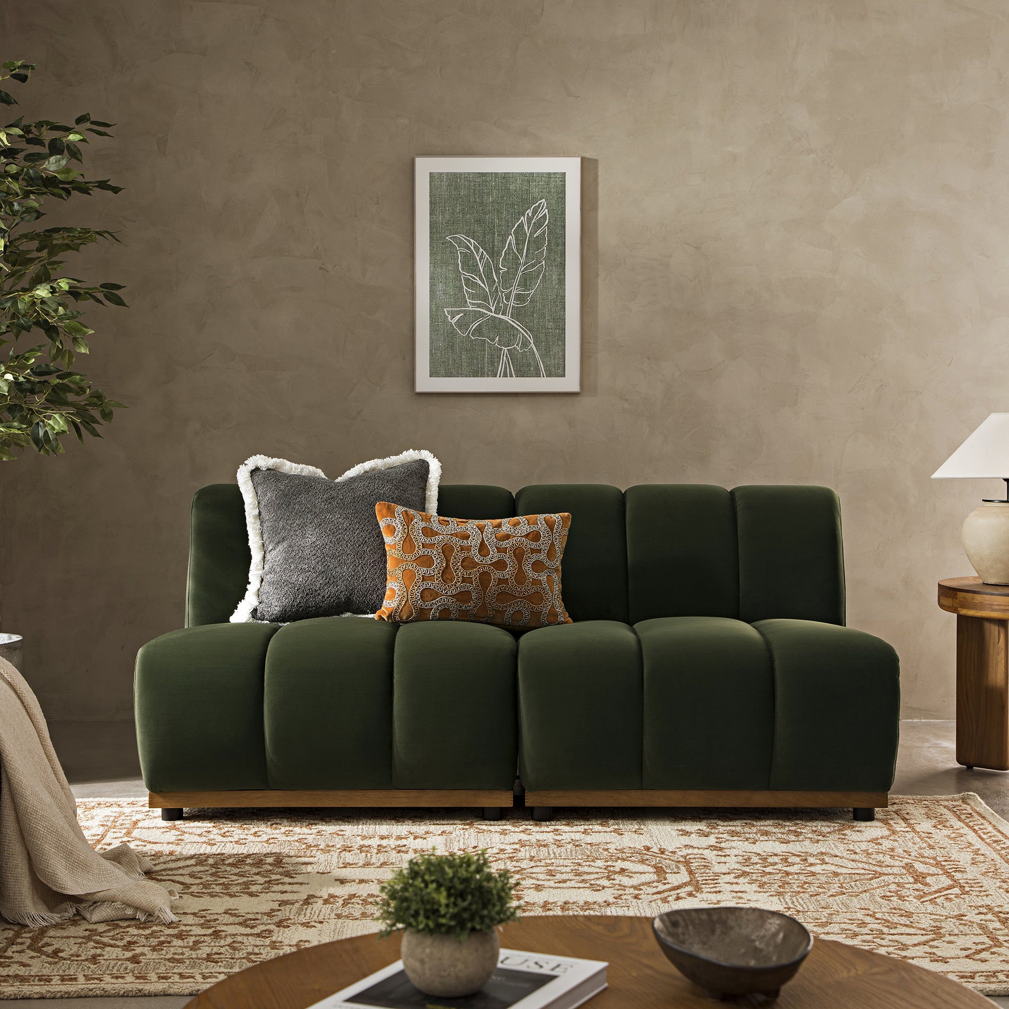 Granvia Moss Green Velvet Modular Sofa, 2-Seater Sofa