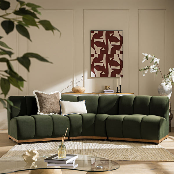 Granvia Moss Green Velvet Sectional Sofa, 3-Seater Corner Sofa