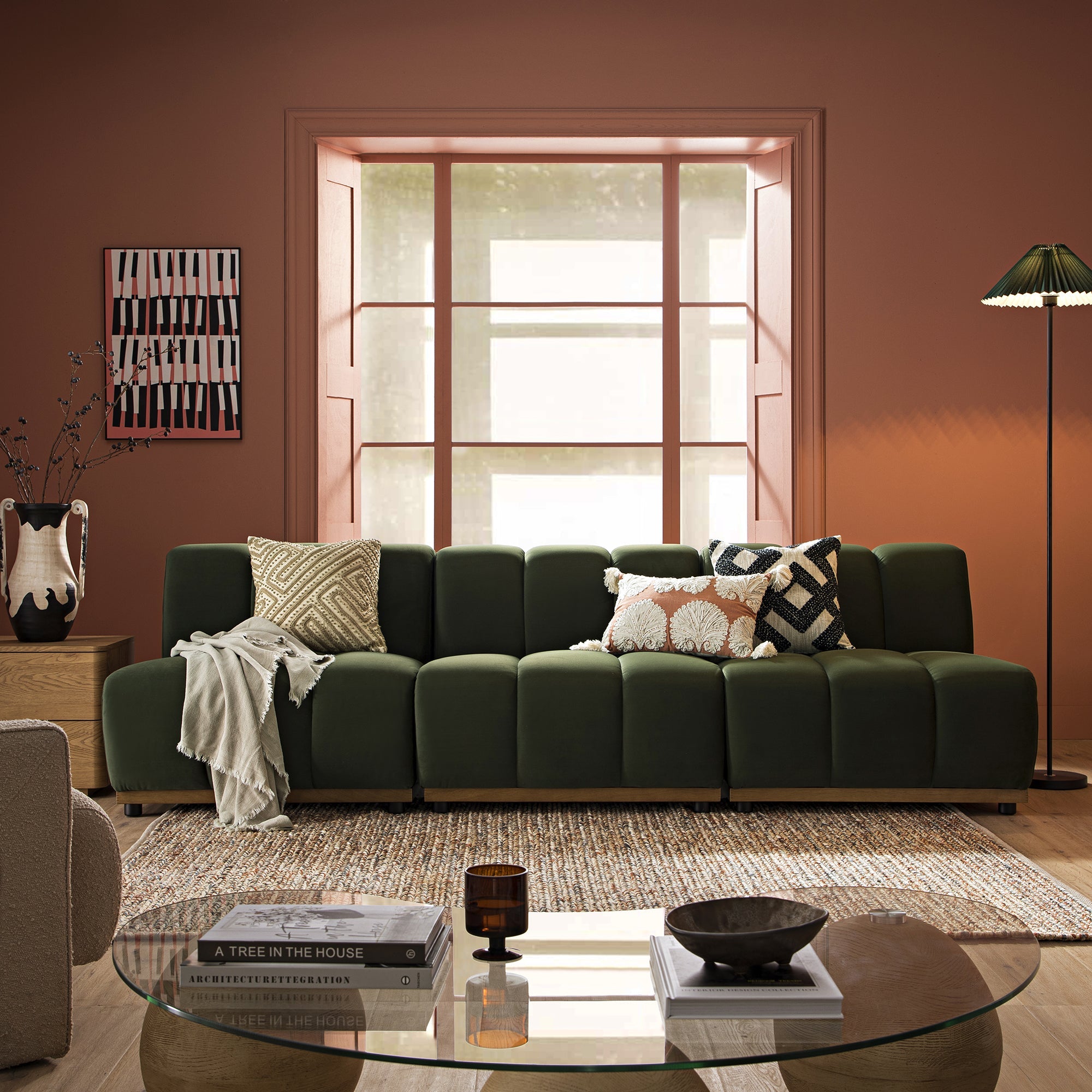 Granvia Moss Green Velvet Modular Sofa, 3-Seater Sofa