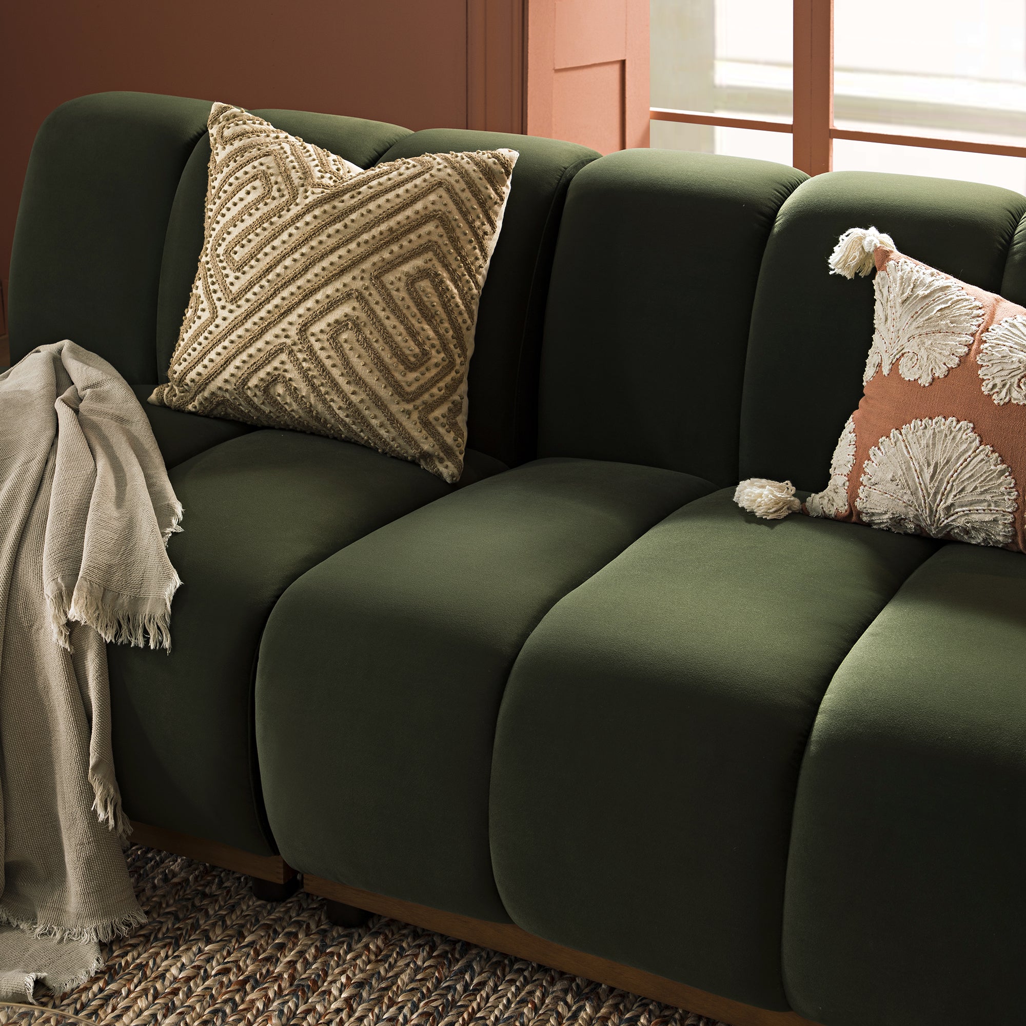 Granvia Moss Green Velvet Sectional Sofa, 3-Seater Sofa