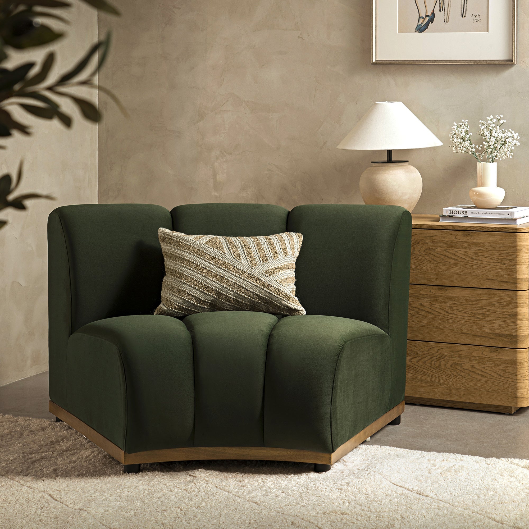 Granvia Moss Green Velvet Sectional Sofa, 1-Seater Curved Sofa