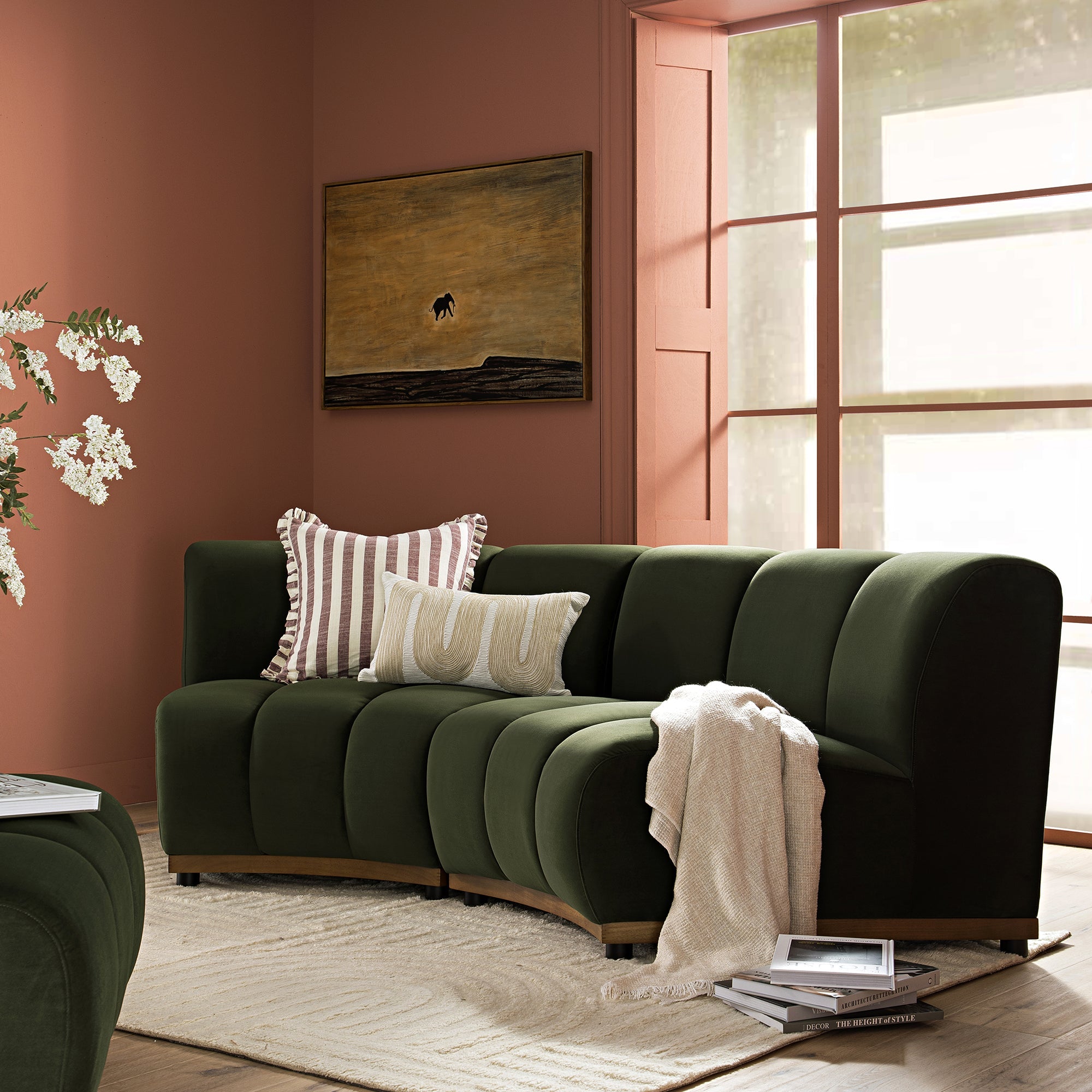 Granvia Moss Green Velvet Modular Sofa, 2-Seater Curved Sofa