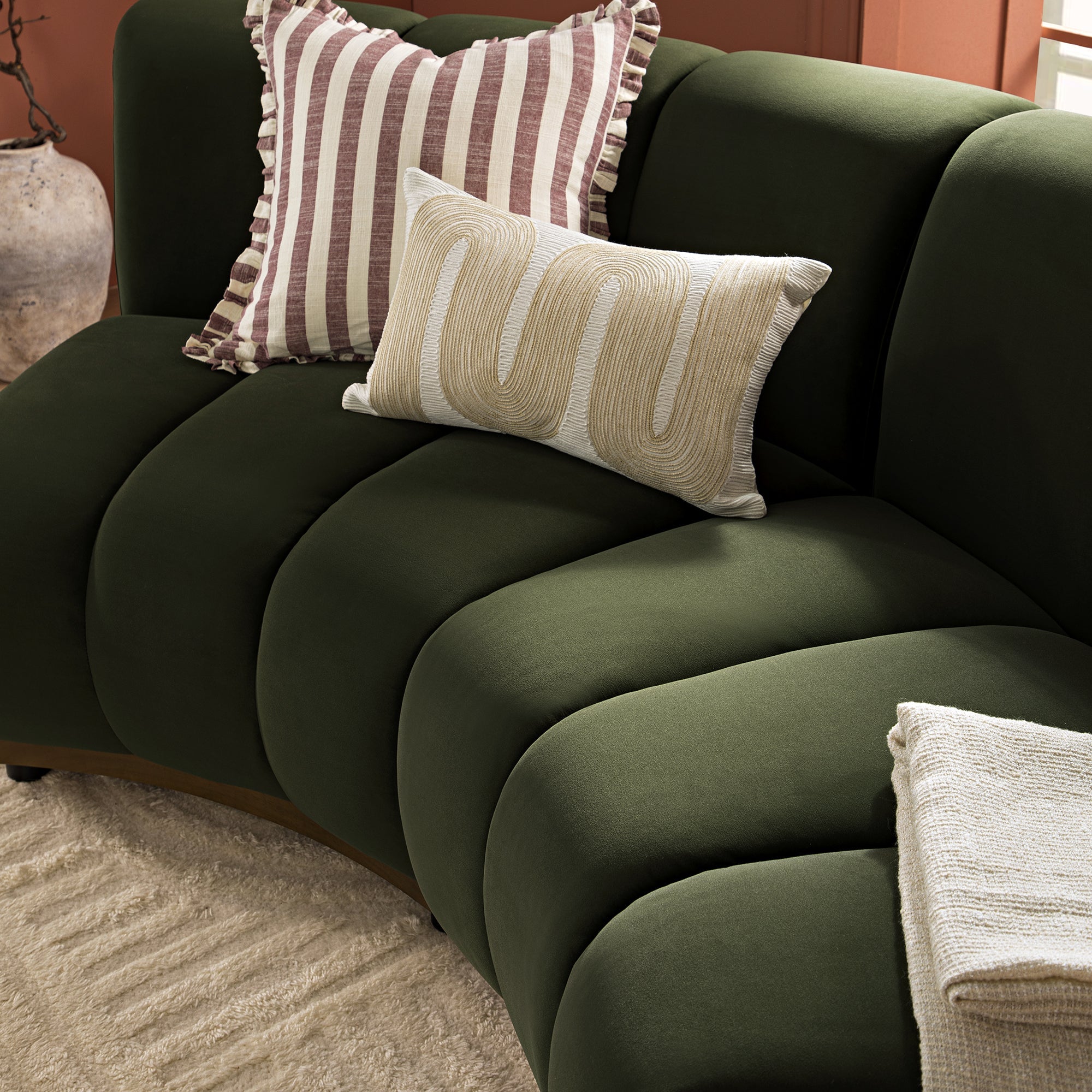 Granvia Moss Green Velvet Modular Sofa, 2-Seater Curved Sofa