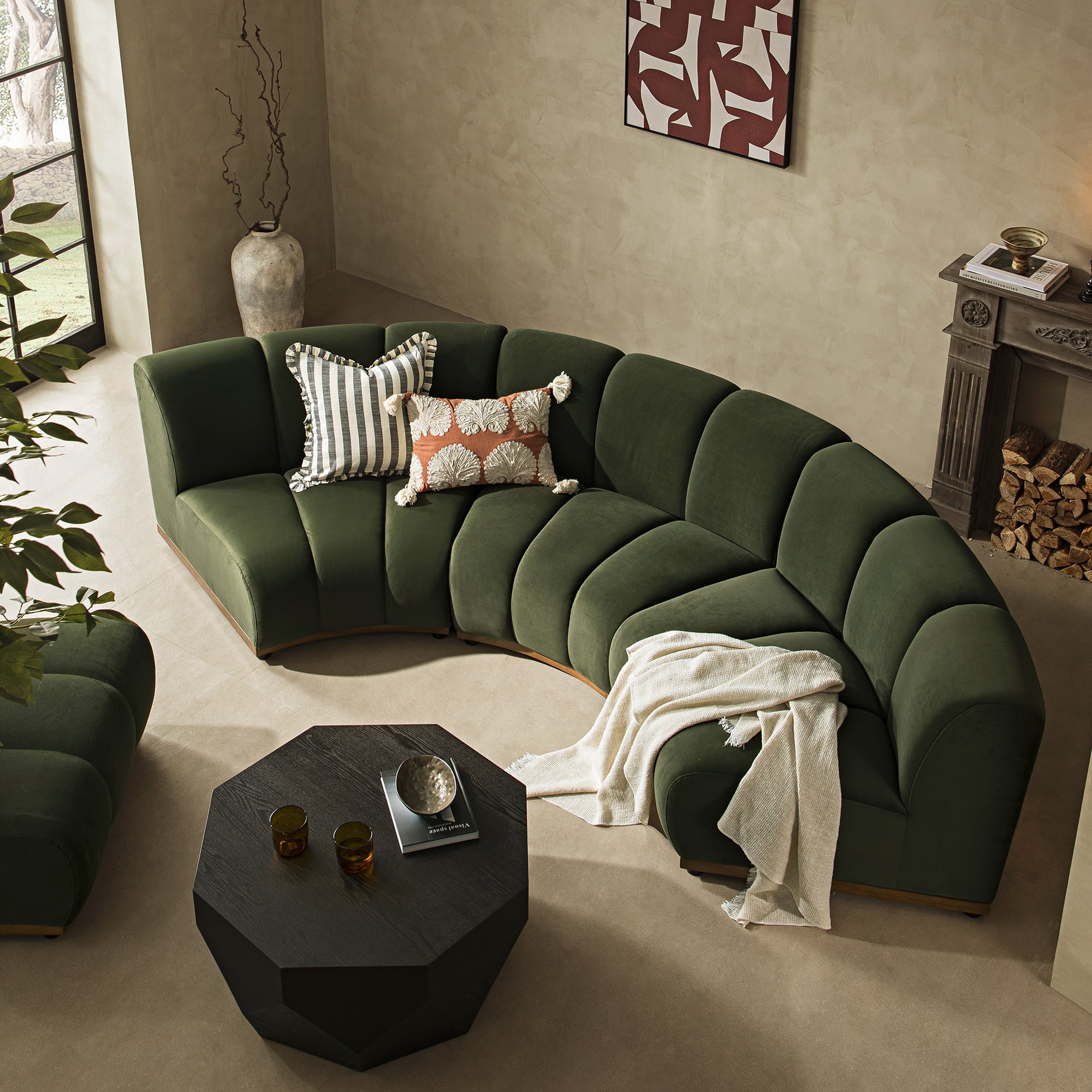 Granvia Moss Green Velvet Sectional Sofa, 3-Seater Curved Sofa