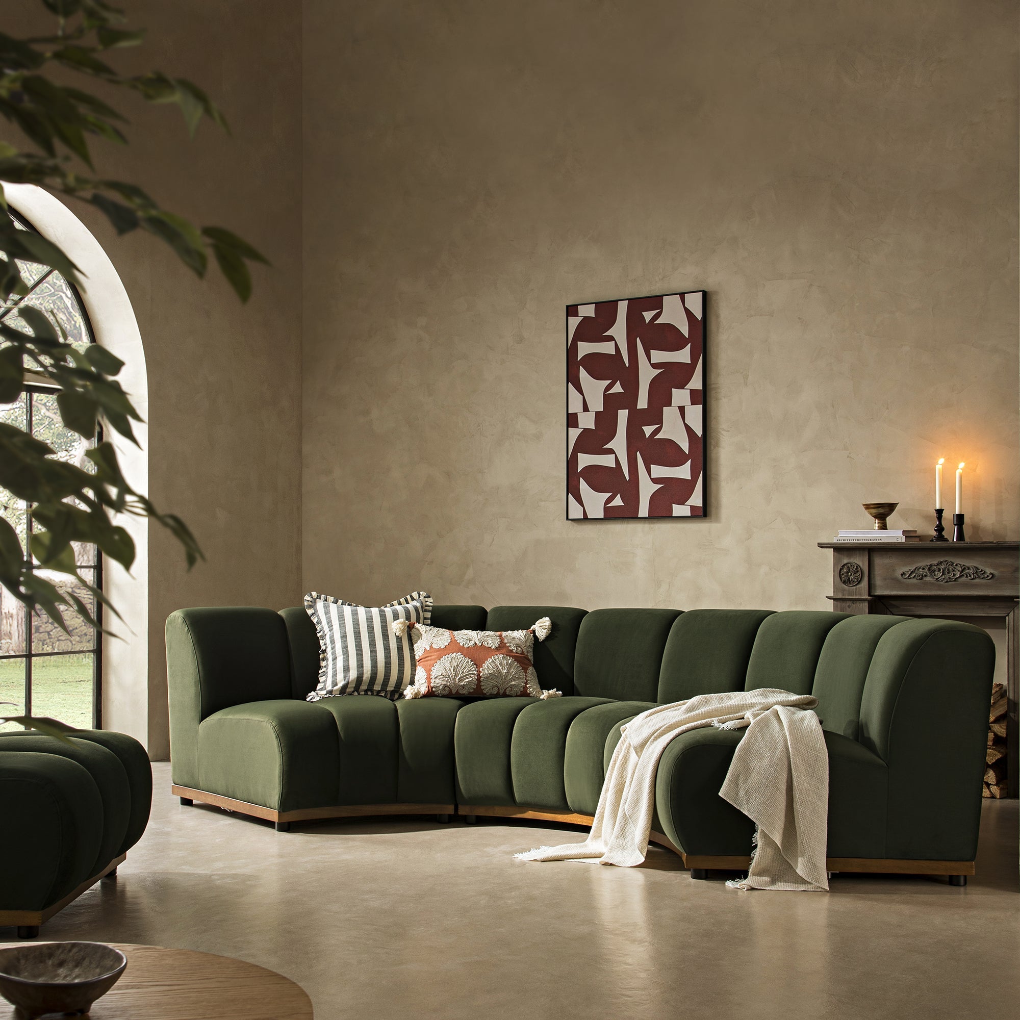 Granvia Moss Green Velvet Sectional Sofa, 3-Seater Curved Sofa