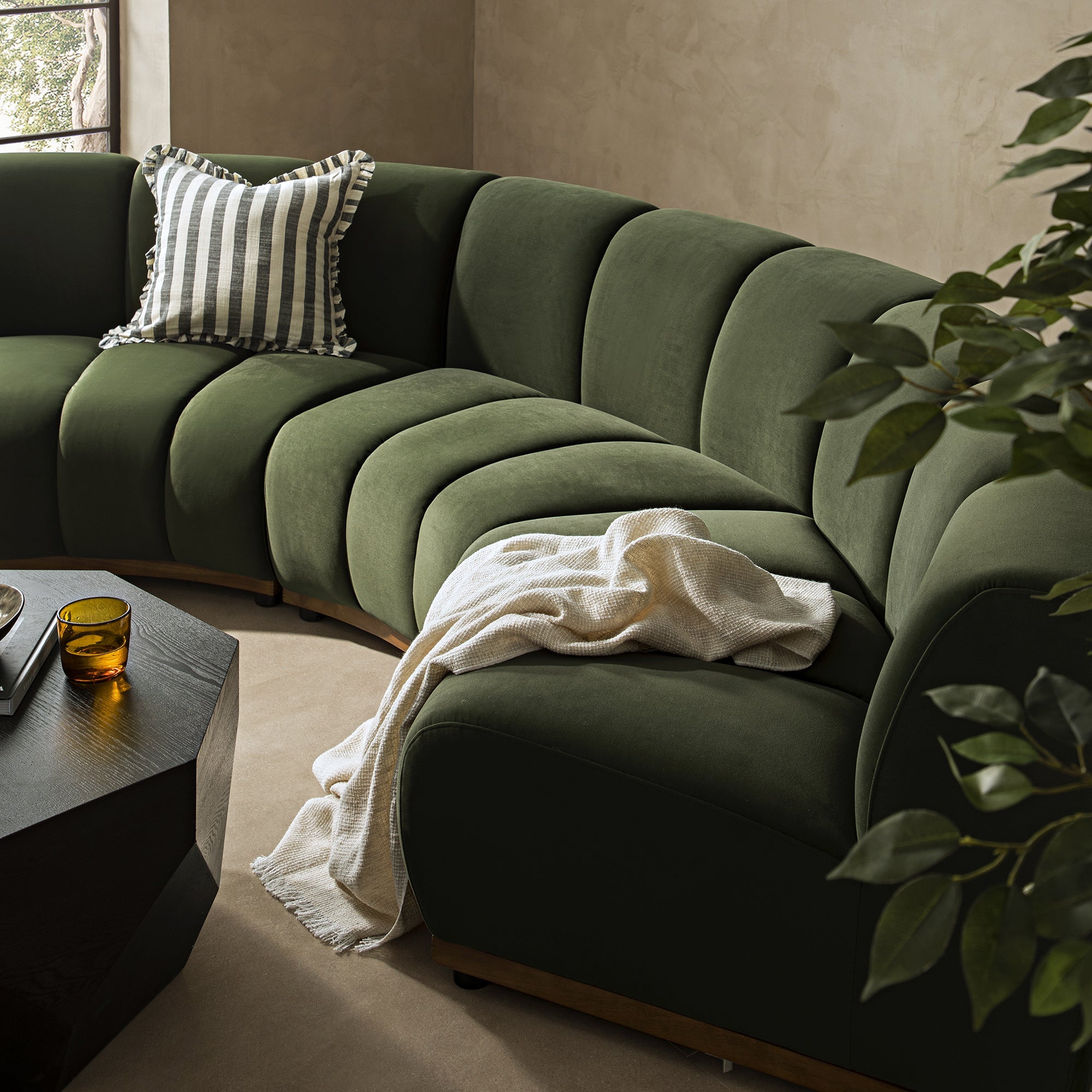 Granvia Moss Green Velvet Sectional Sofa, 3-Seater Curved Sofa