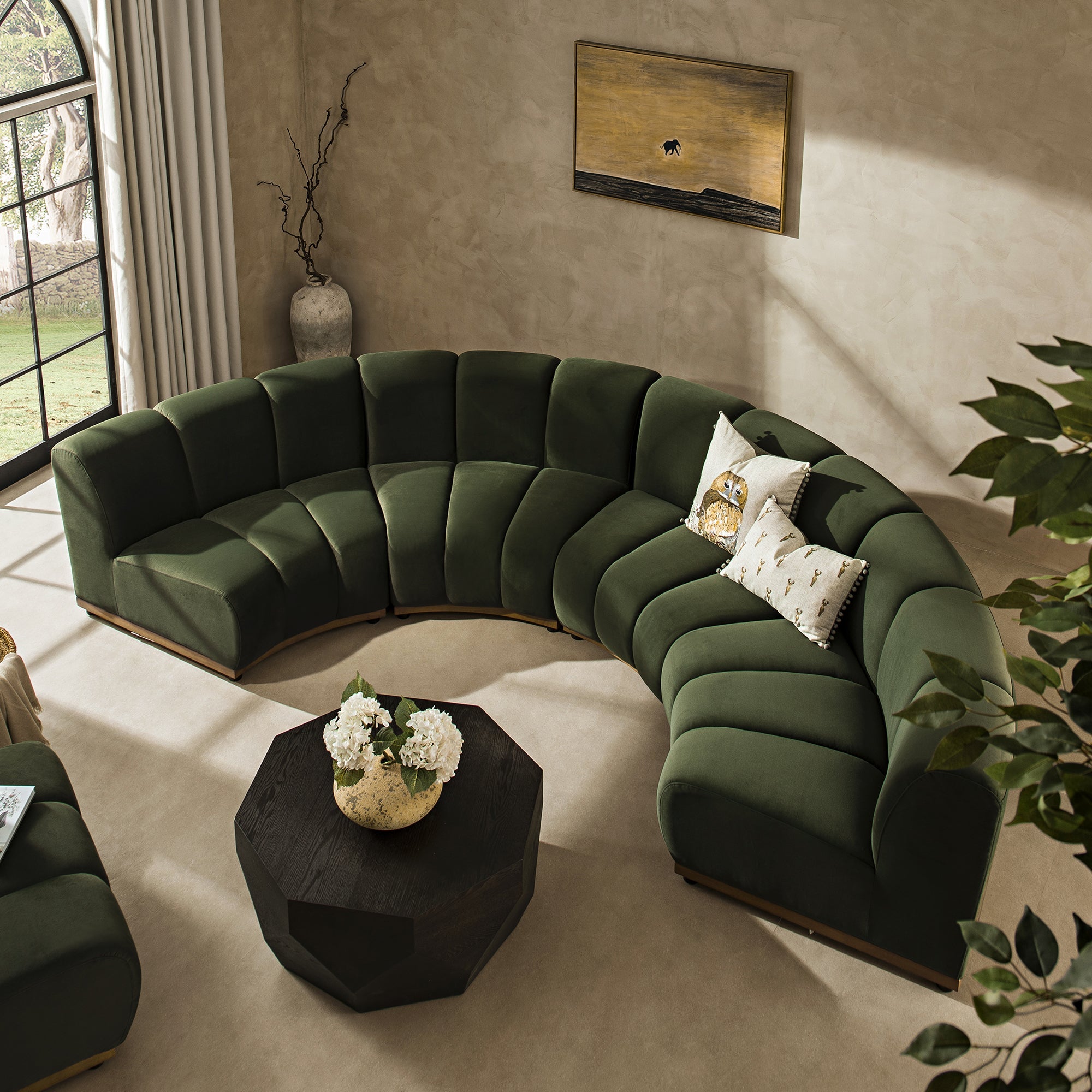 Granvia Moss Green Velvet Sectional Sofa, 4-Seater Half Circle Sofa