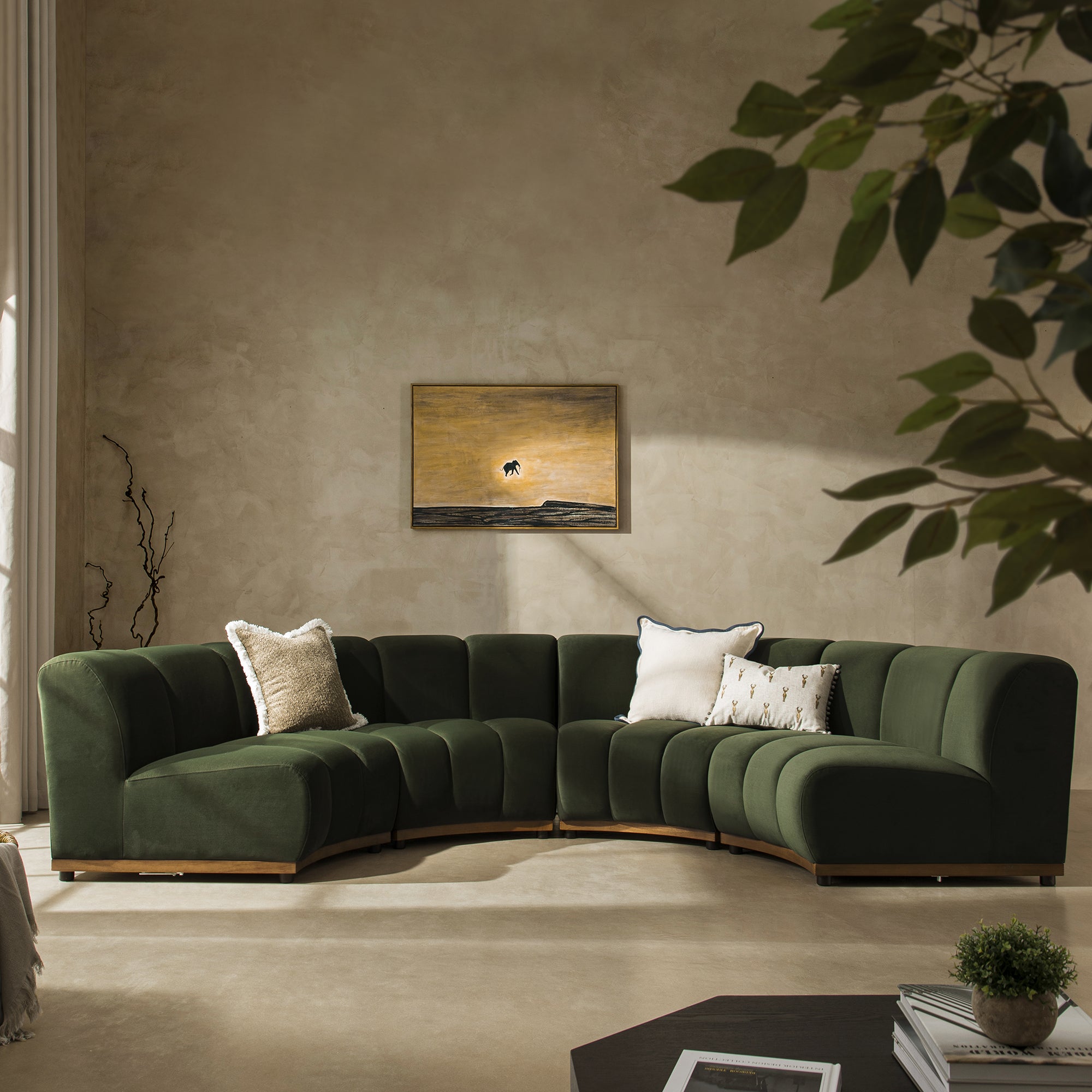 Granvia Moss Green Velvet Sectional Sofa, 4-Seater Half Circle Sofa