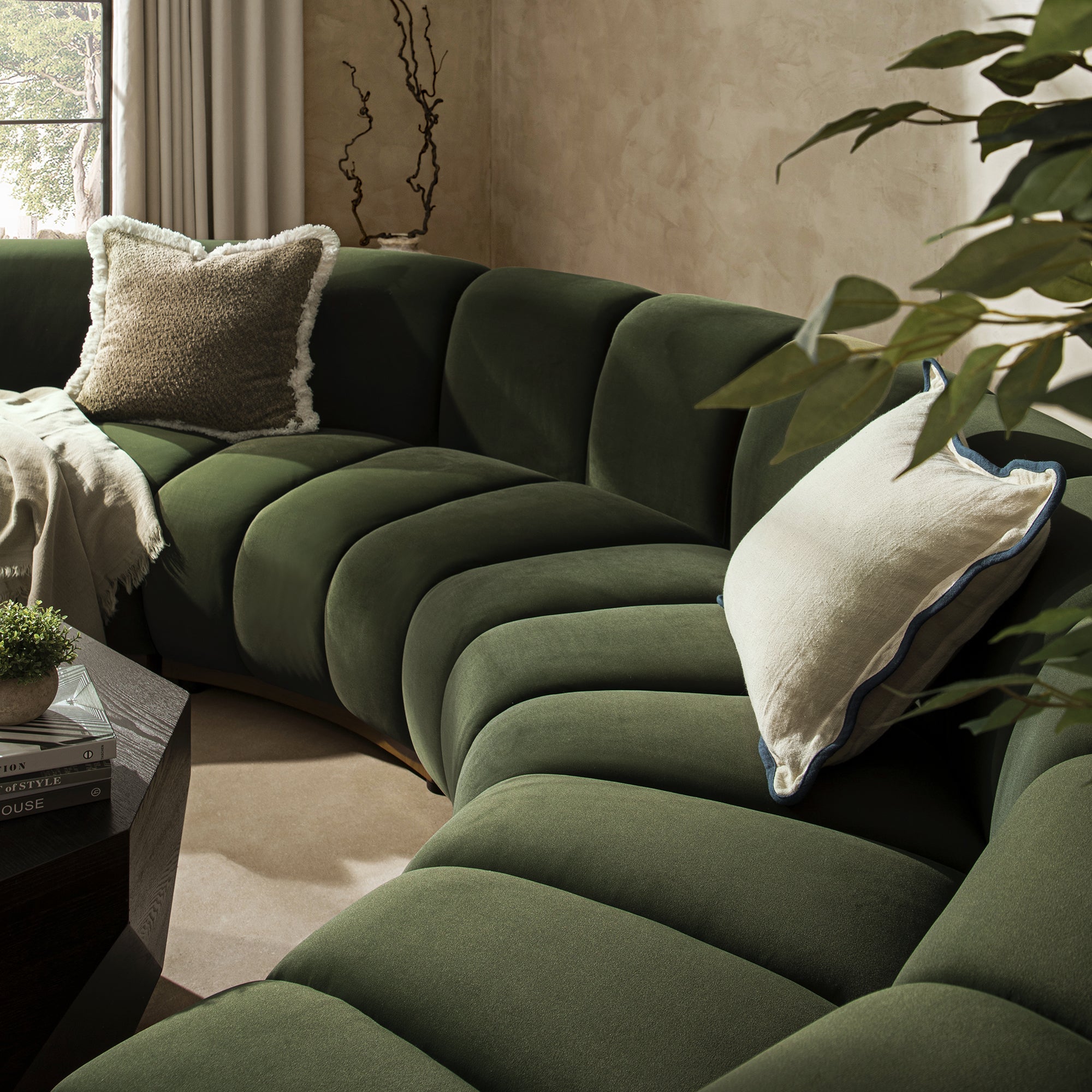 Granvia Moss Green Velvet Modular Sofa, 4-Seater Half Circle Sofa