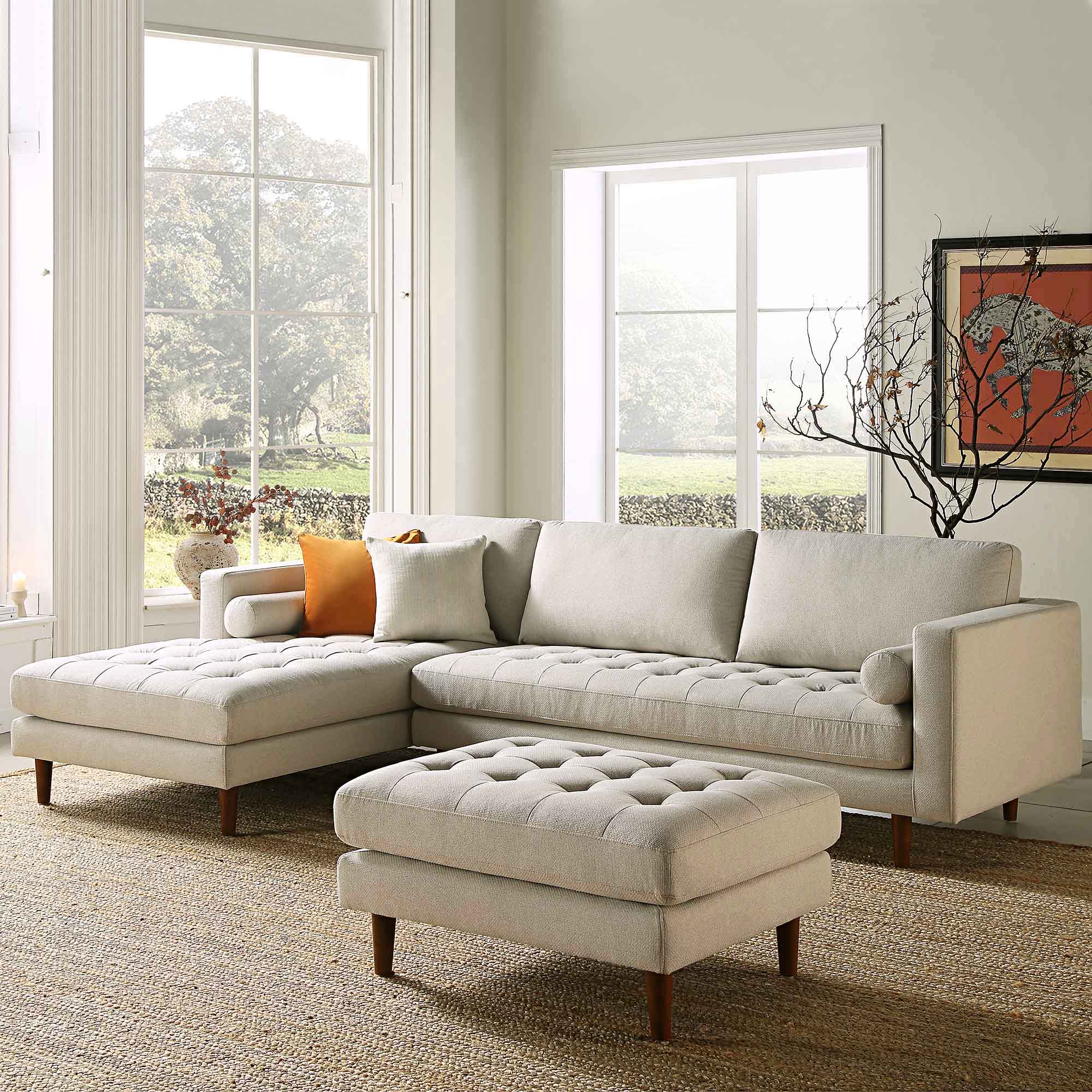 Henrietta Beige Woven Fabric Grand 4-Seater Chaise End Sofa, Left Hand Facing