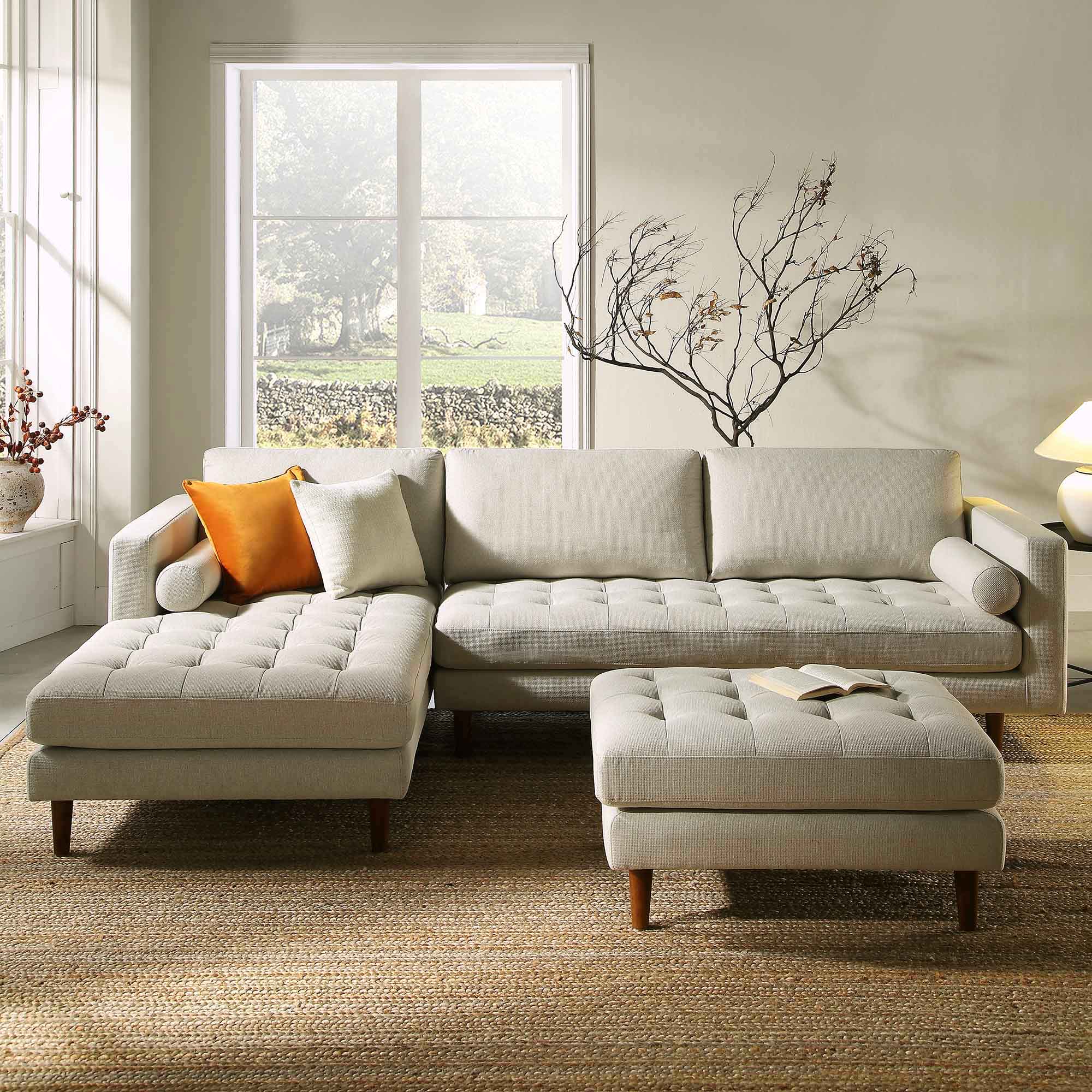 Henrietta Beige Woven Fabric Grand 4-Seater Chaise End Sofa, Left Hand Facing