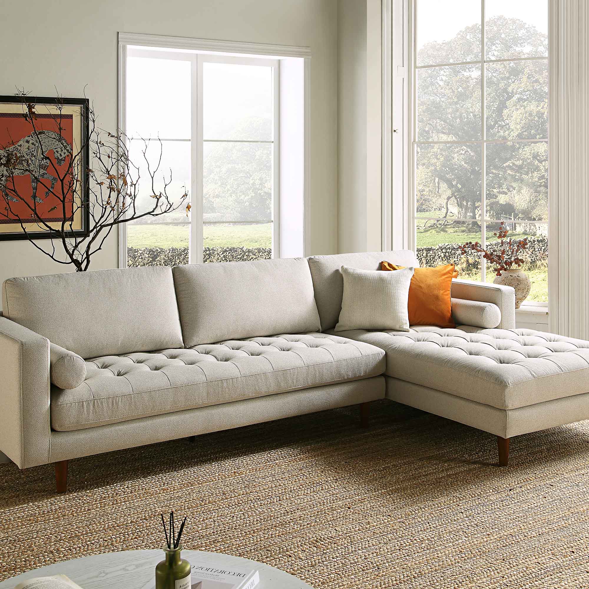 Henrietta Grand 4-Seater RHF Chaise End Sofa, Beige Woven Fabric