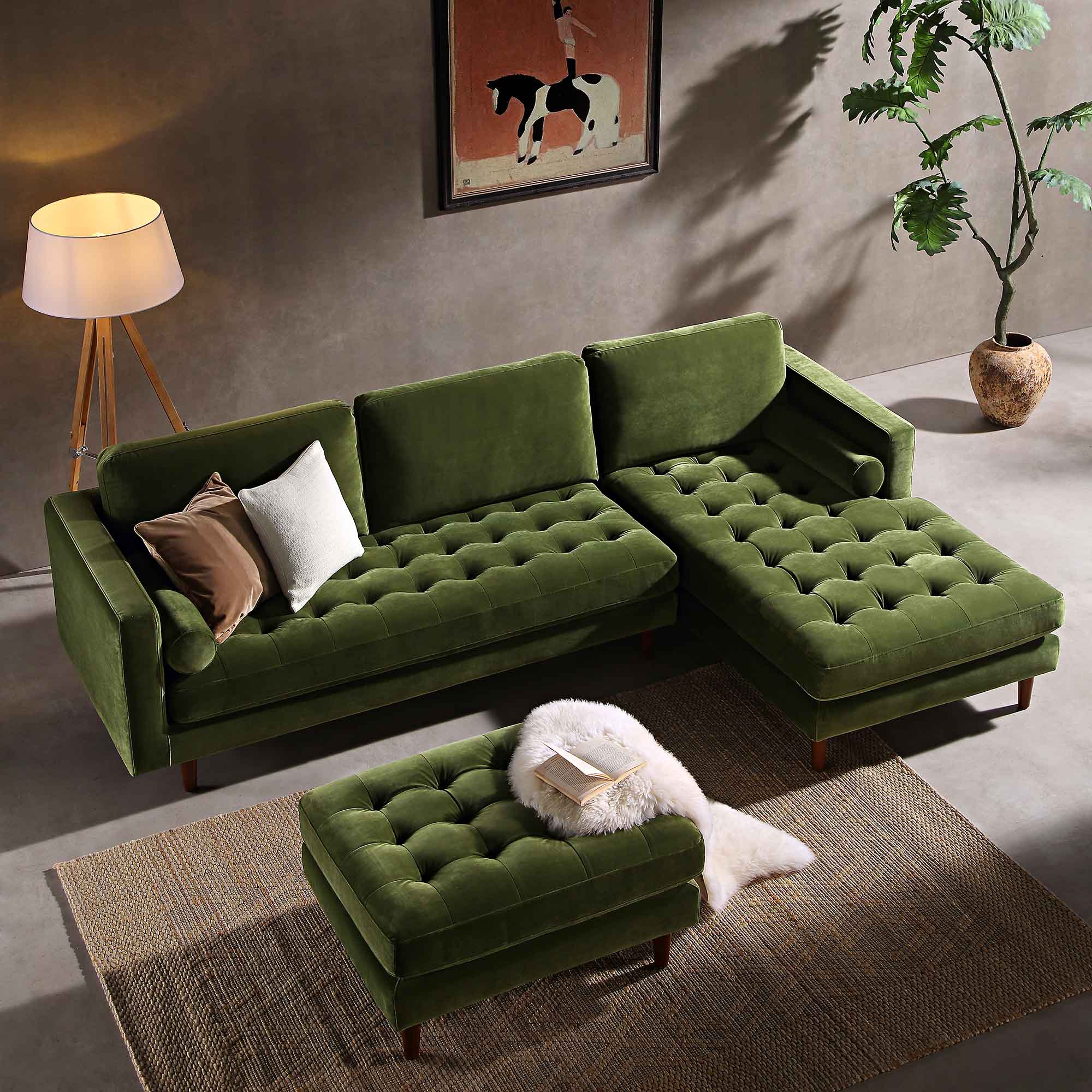 Henrietta Moss Green Velvet Grand 4-Seater Chaise End Sofa, Right Hand Facing