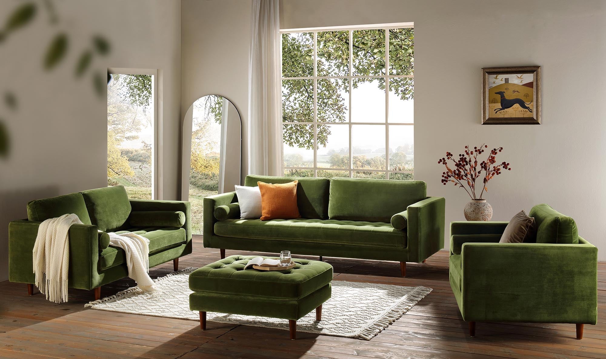 Henrietta Large 3-Seater Sofa, Moss Green Velvet