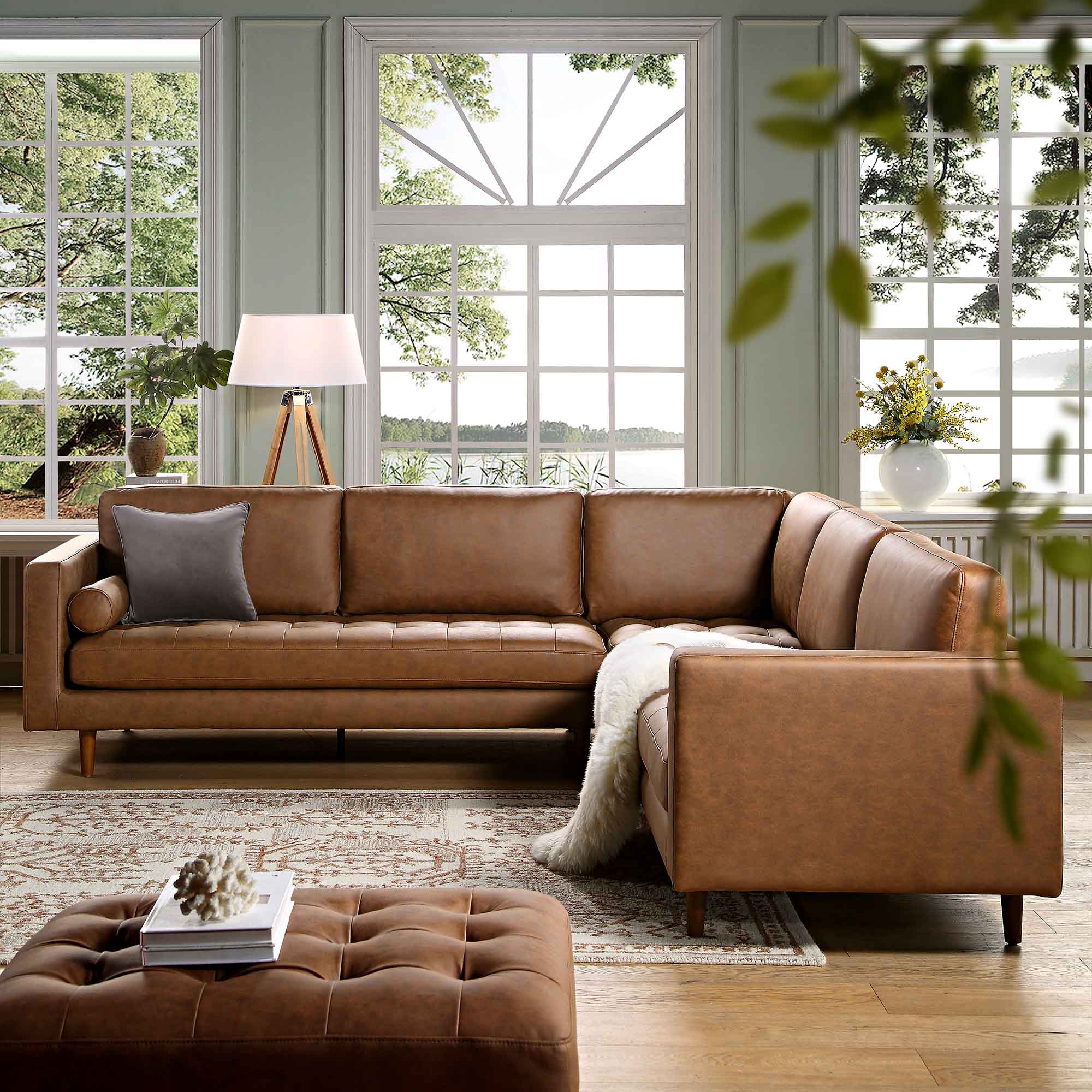 Henrietta 5+Seater Corner Sofa, Tan Faux Suede