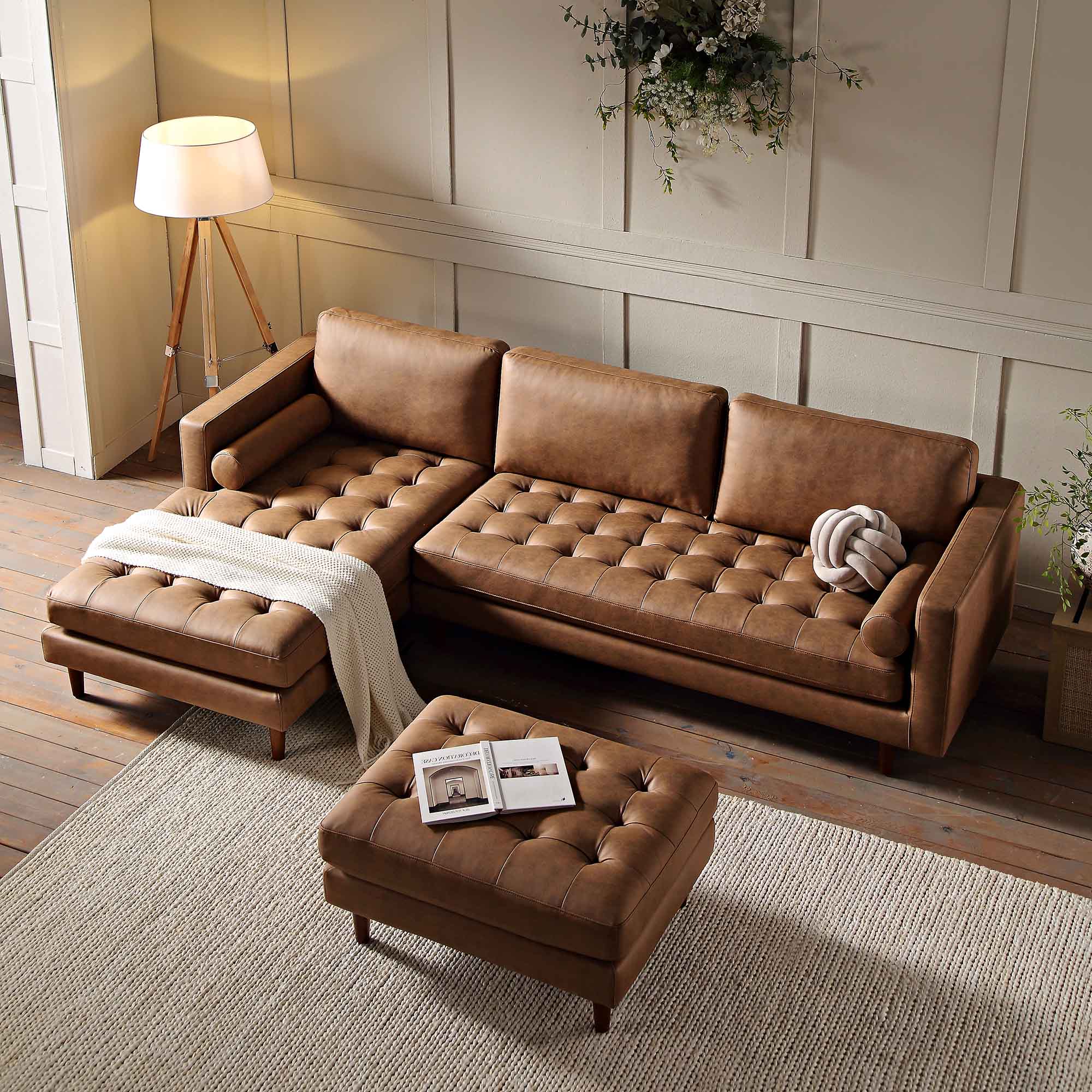 Henrietta Tan Faux Suede Grand 4-Seater Chaise End Sofa, Left Hand Facing