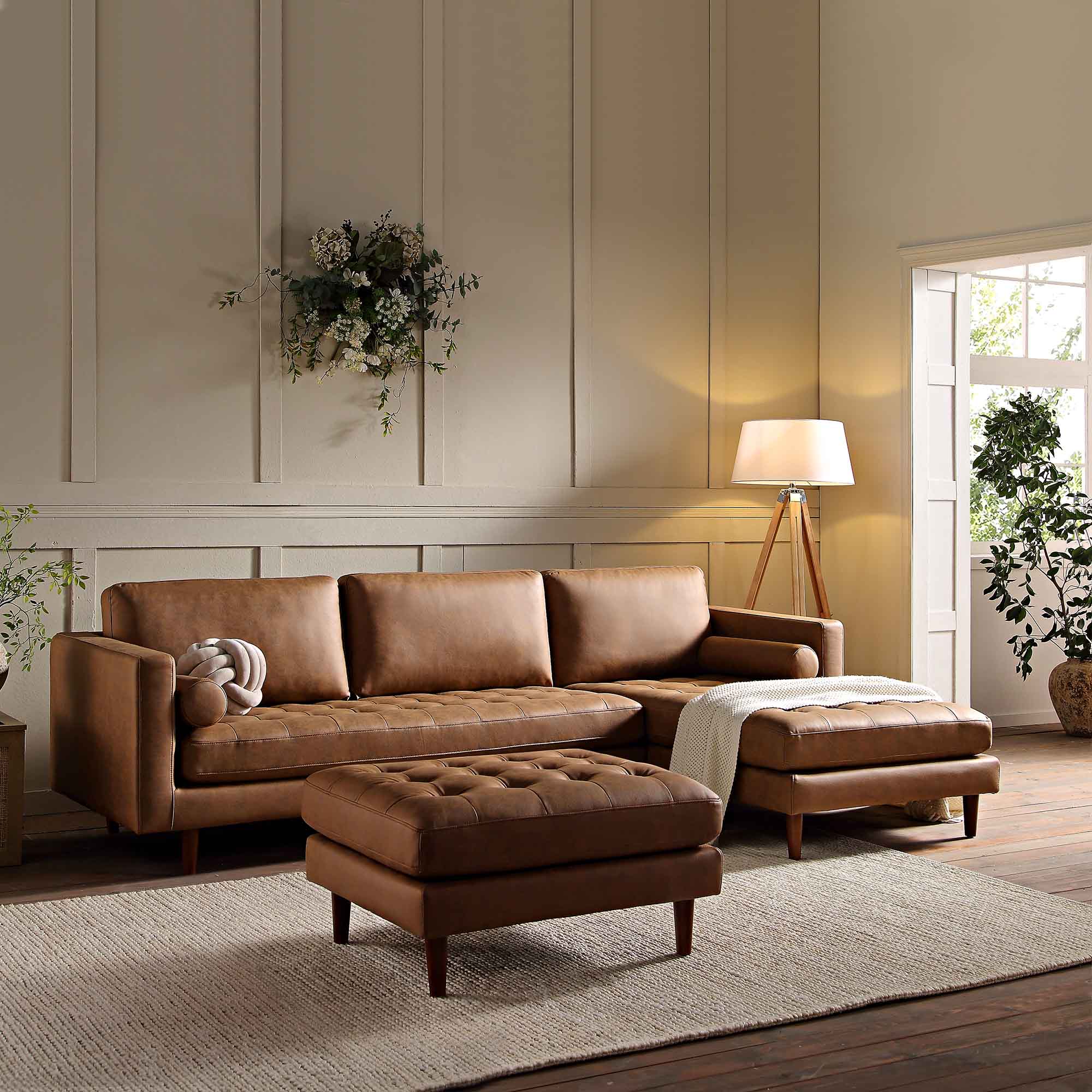 Henrietta Grand 4-Seater RHF Chaise End Sofa, Tan Faux Suede