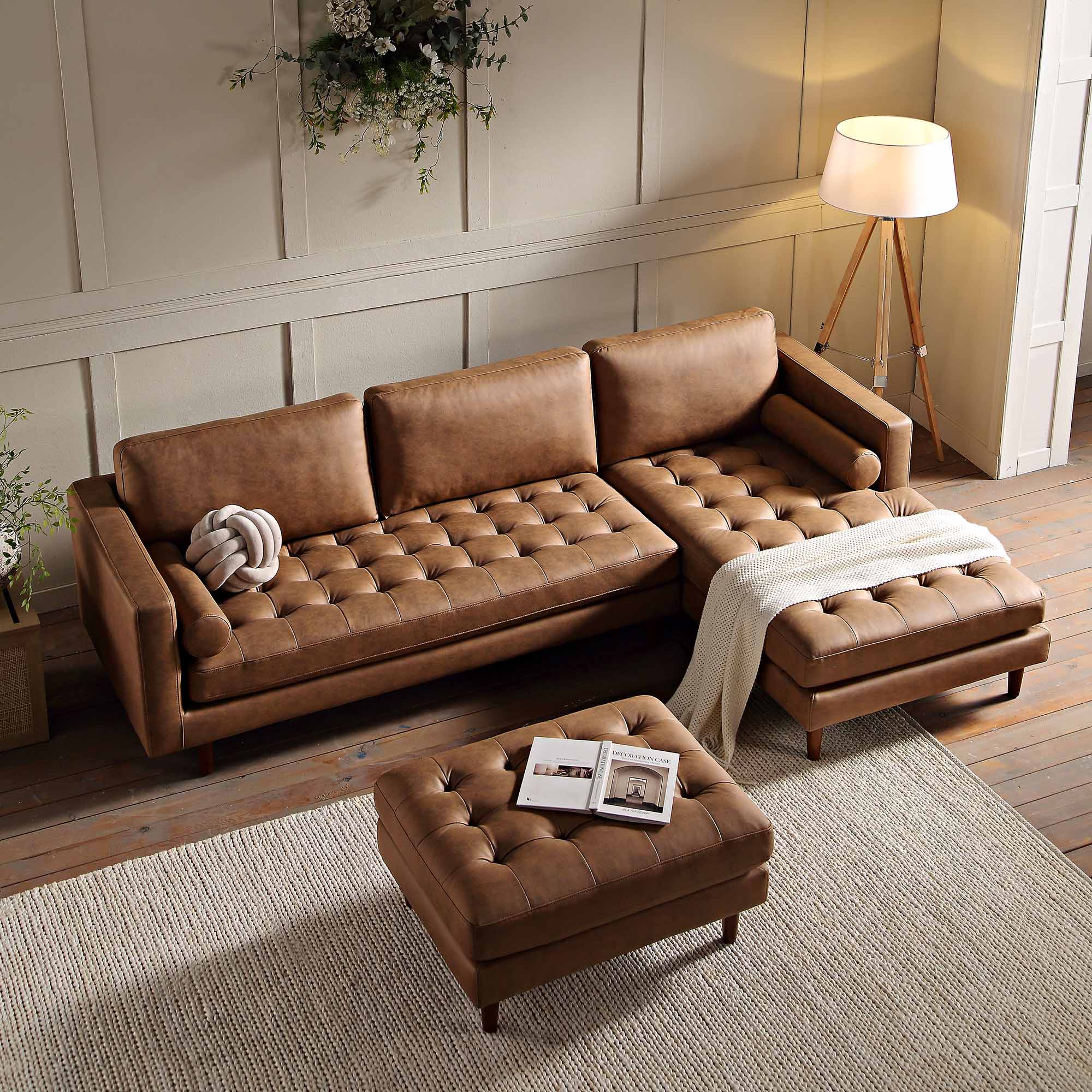 Henrietta Tan Faux Suede Grand 4-Seater Chaise End Sofa, Right Hand Facing