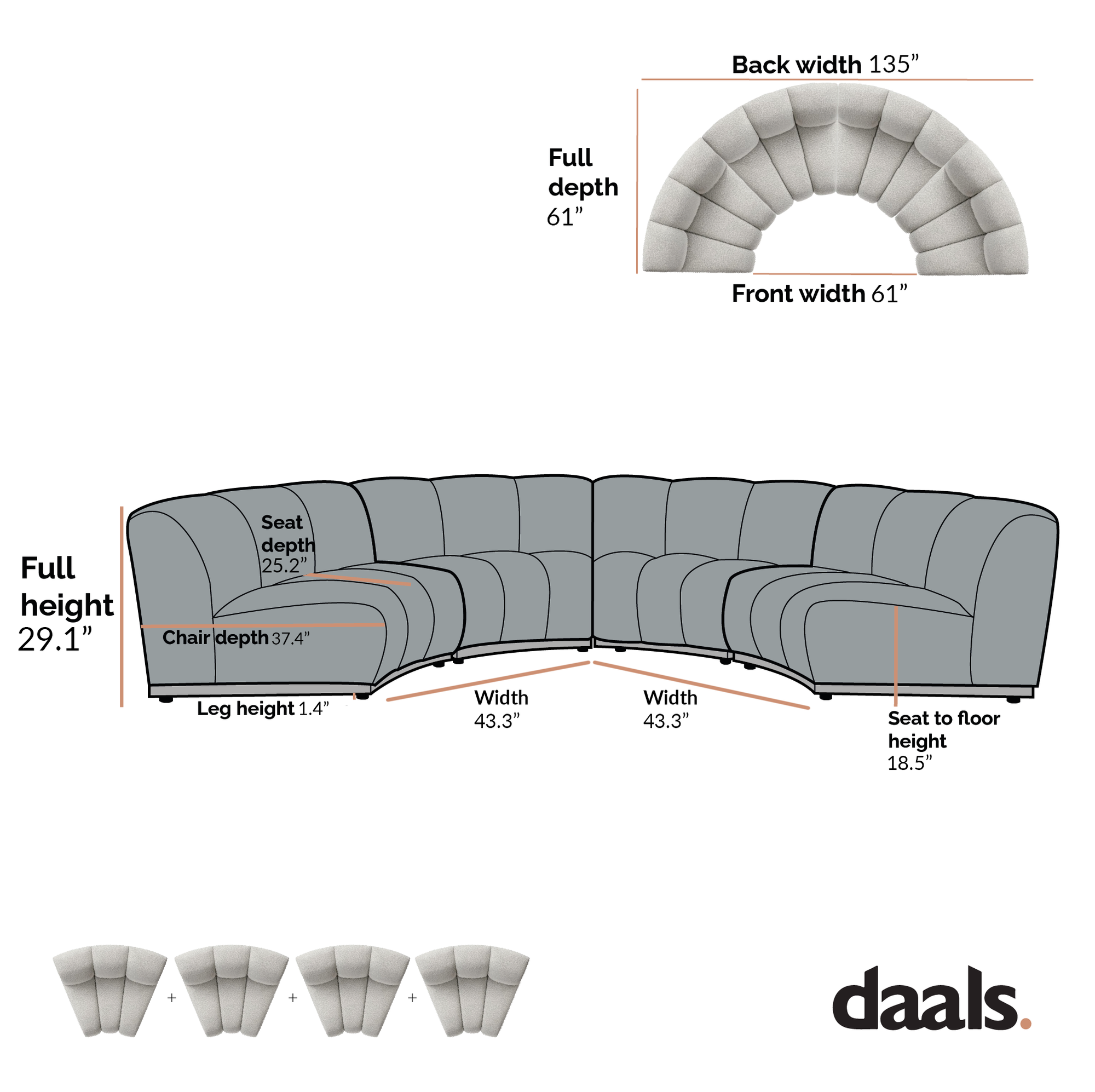 Granvia Ecru Boucle Sectional Sofa, 4-Seater Half Circle Sofa