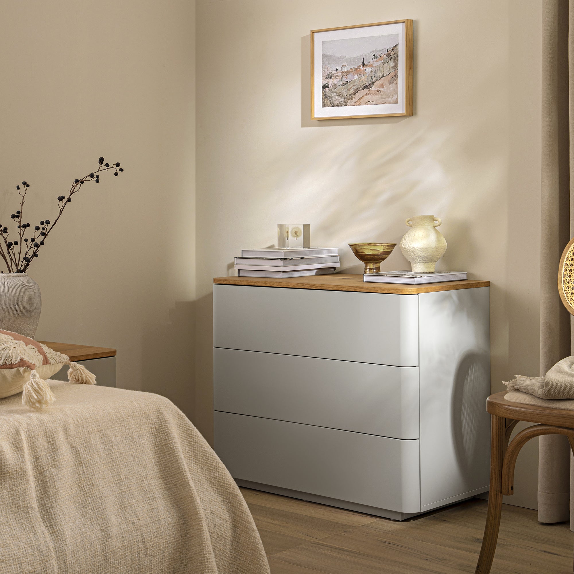 Agnes Curved Edge 3 Drawer Dresser, Dove Grey with Oak Top