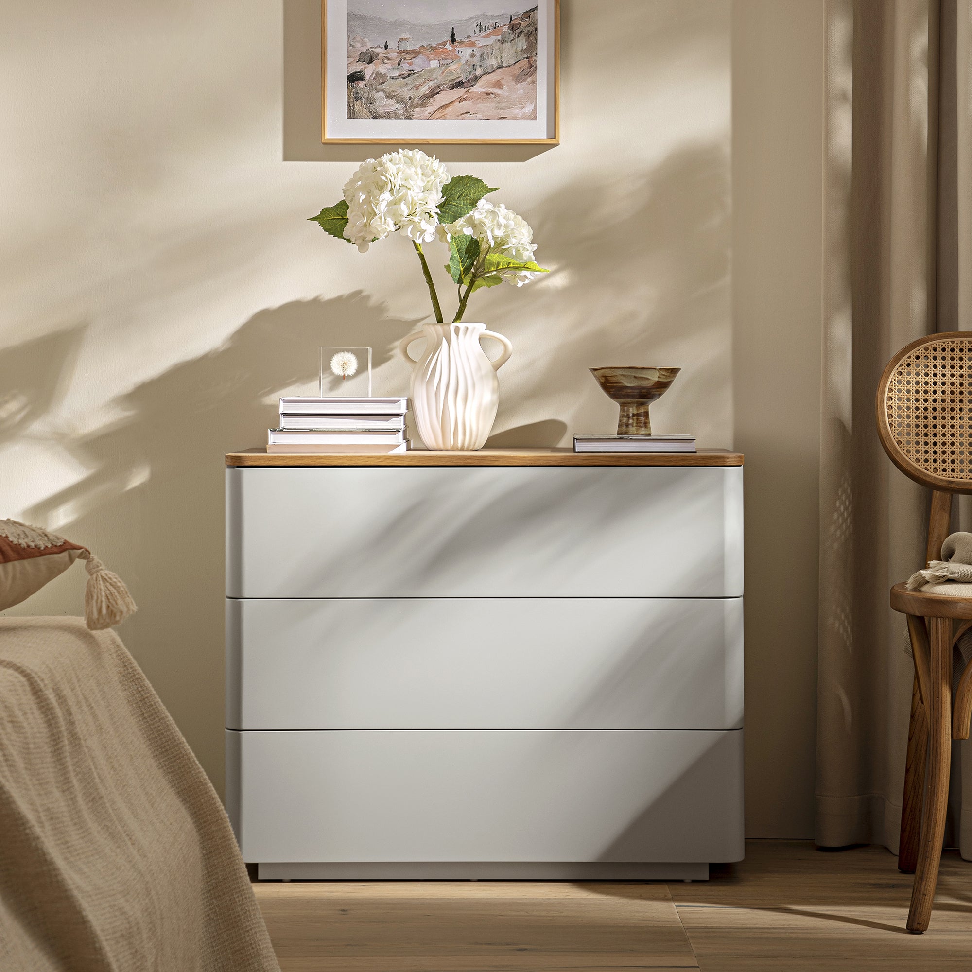 Agnes Curved Edge 3 Drawer Dresser, Dove Grey with Oak Top