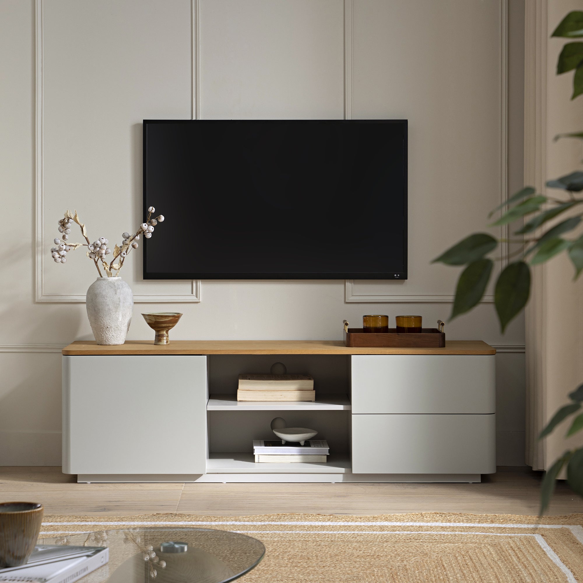 Agnes Curved Edge 59in. Wide TV Unit, Dove Grey with Oak Top