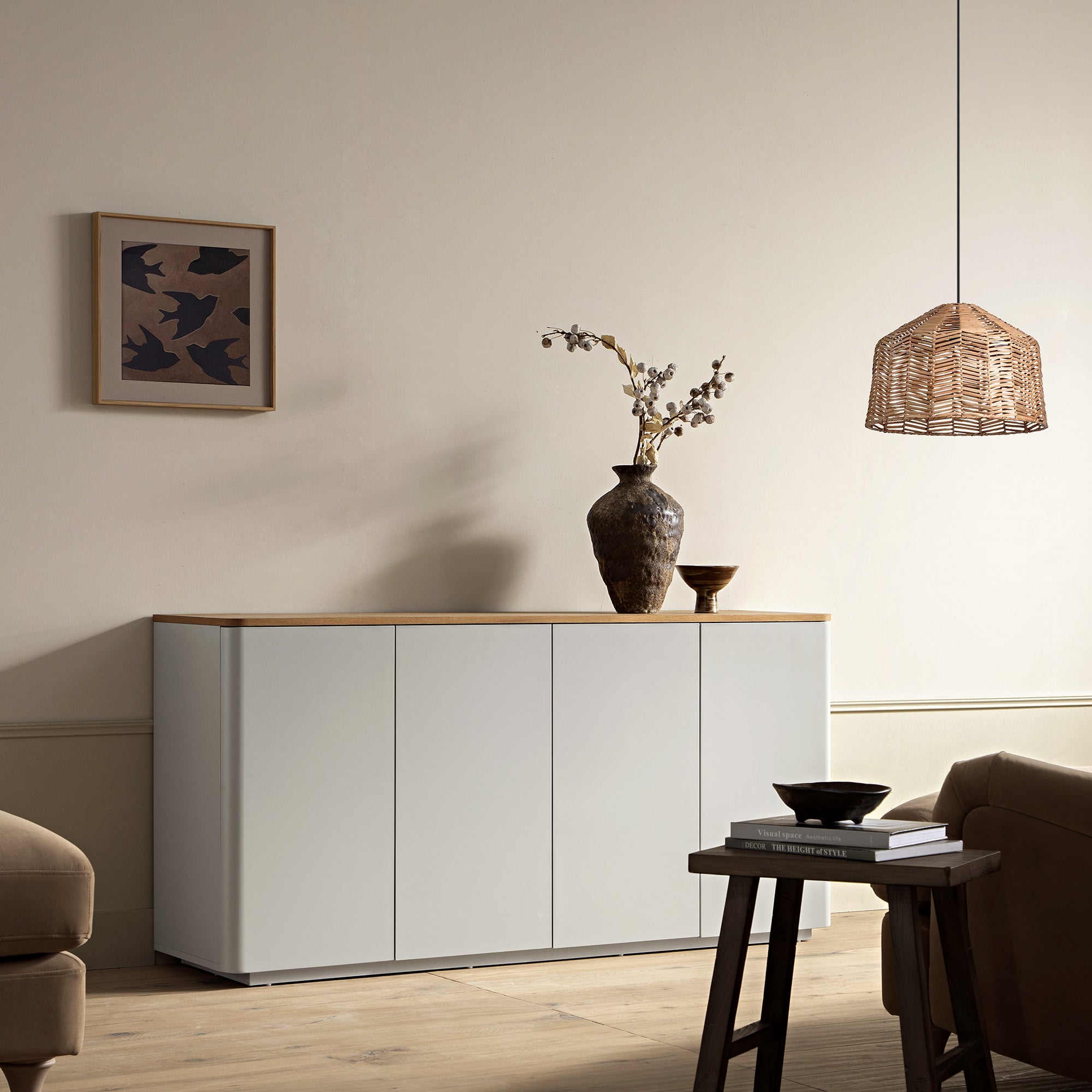 Agnes Curved Edge 59in. Wide Sideboard, Dove Grey with Oak Top