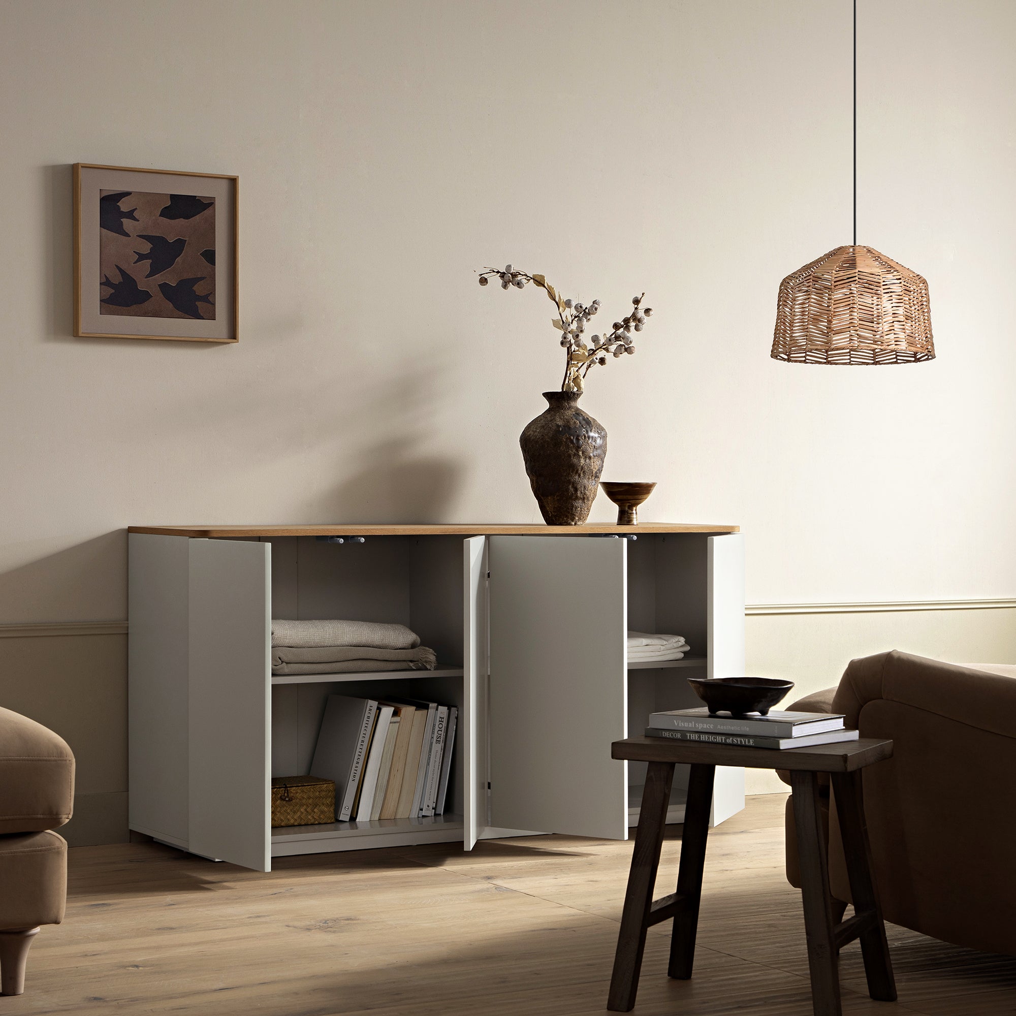 Agnes Curved Edge 59in. Wide Sideboard, Dove Grey with Oak Top