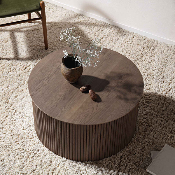 Maru Oak Round Coffee Table with Storage, Silver Oak