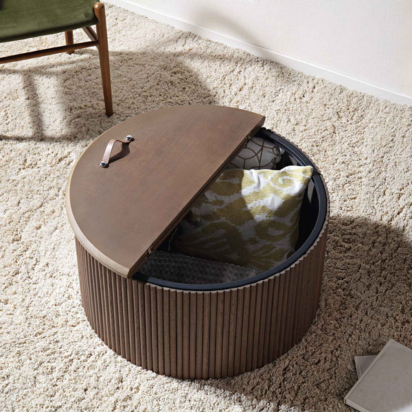 Maru Oak Round Coffee Table with Storage, Silver Oak