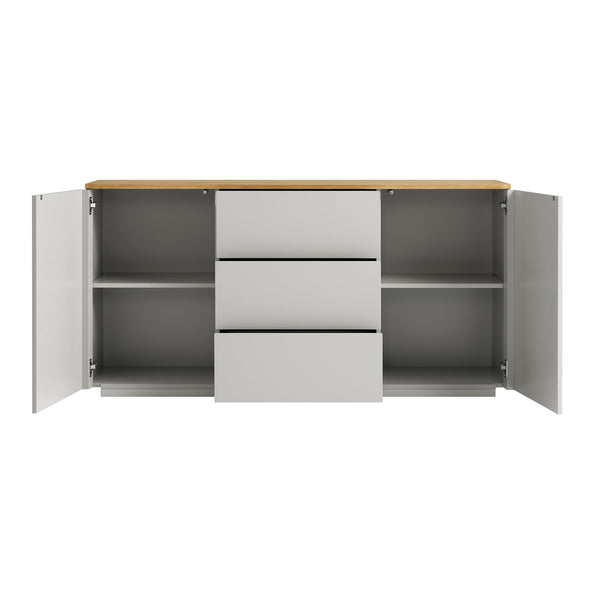 Agnes Curved Edge 2 Door 3 Drawer Wide Sideboard, Dove Grey with Oak Top