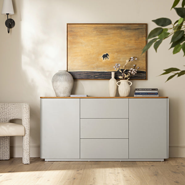 Agnes Curved Edge 2 Door 3 Drawer Wide Sideboard, Dove Grey with Oak Top