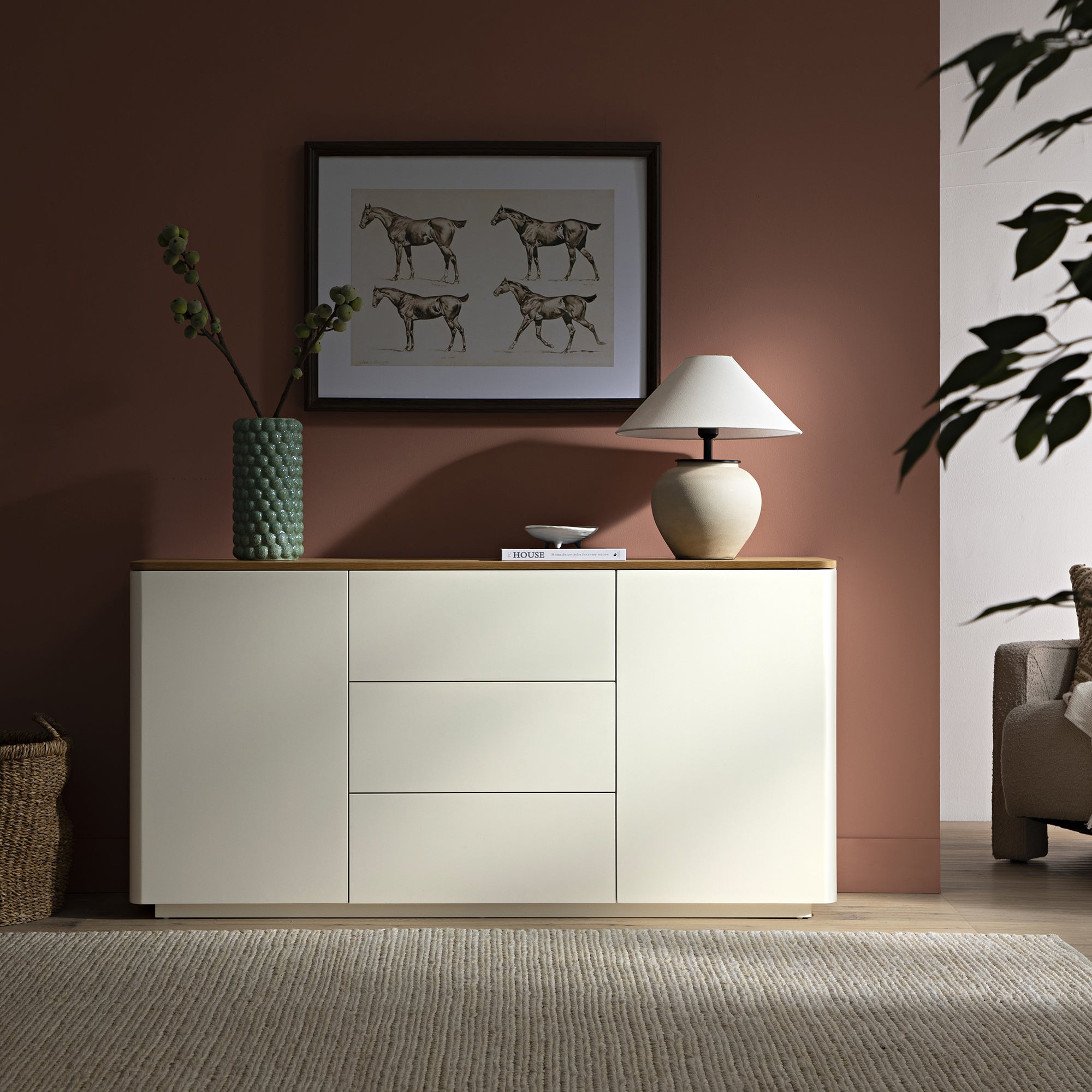 Agnes Curved Edge 2 Door 3 Drawer Wide Sideboard, Off White with Oak Top