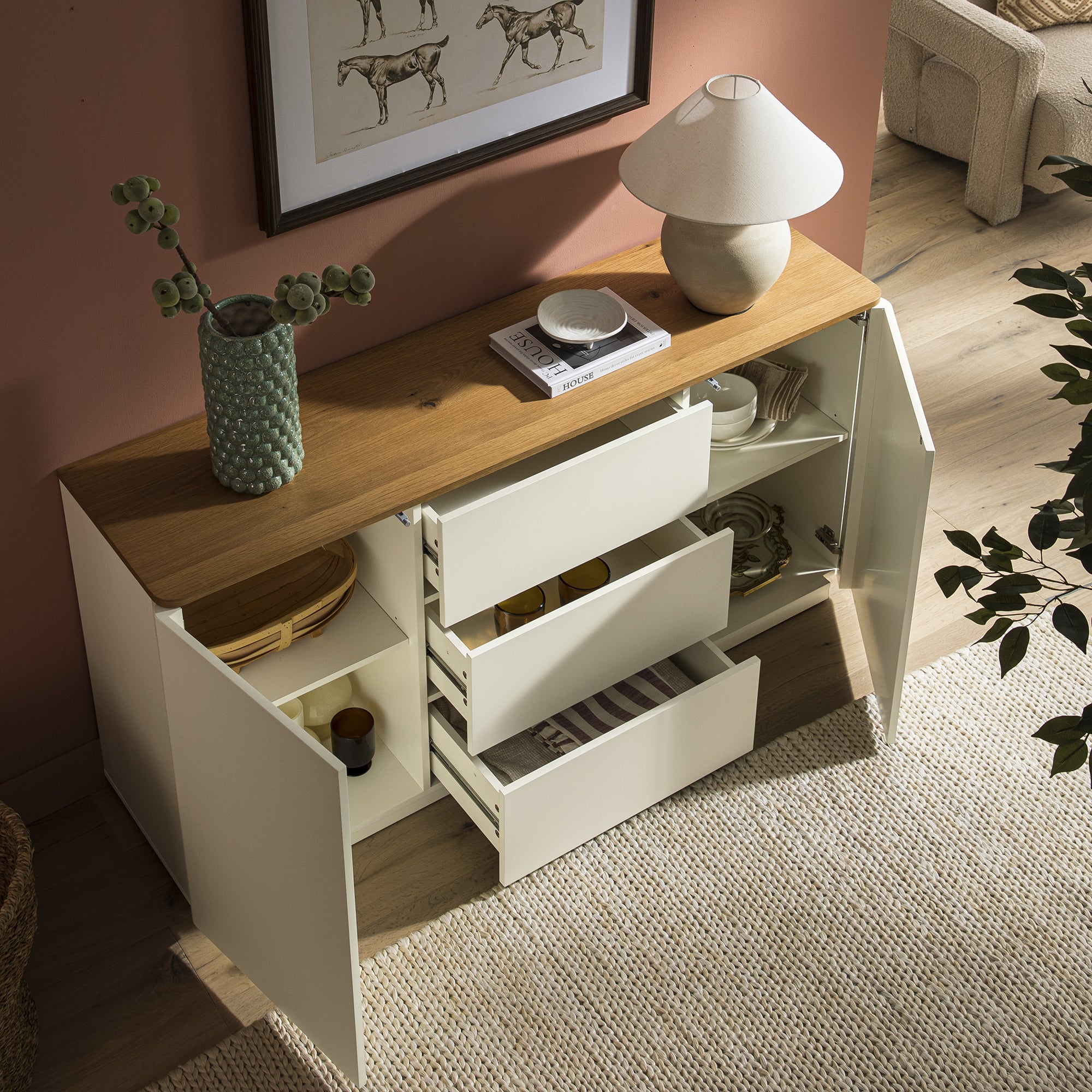 Agnes Curved Edge 2 Door 3 Drawer Wide Sideboard, Off White with Oak Top