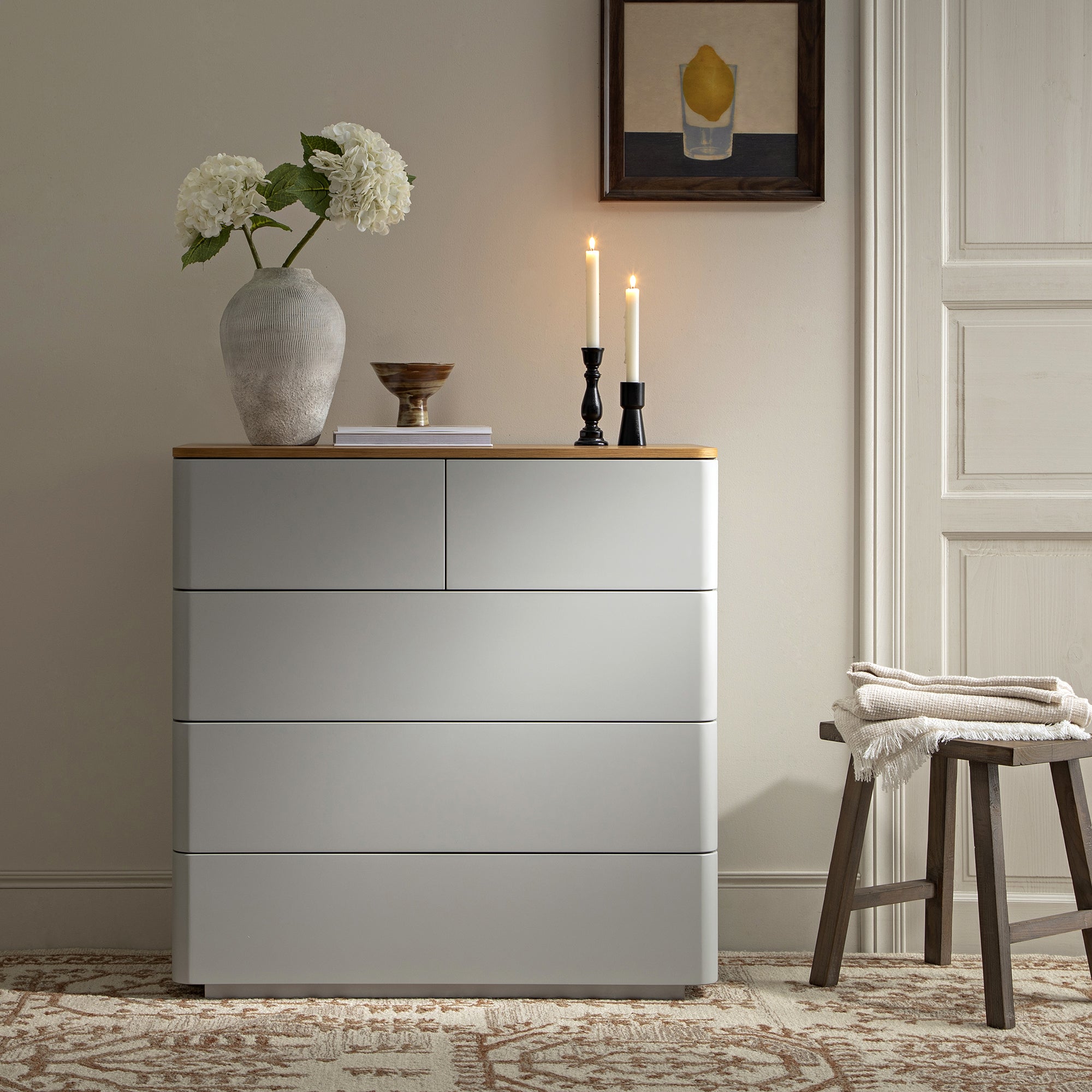 Agnes Curved Edge 5 Drawer Dresser, Dove Grey with Oak Top