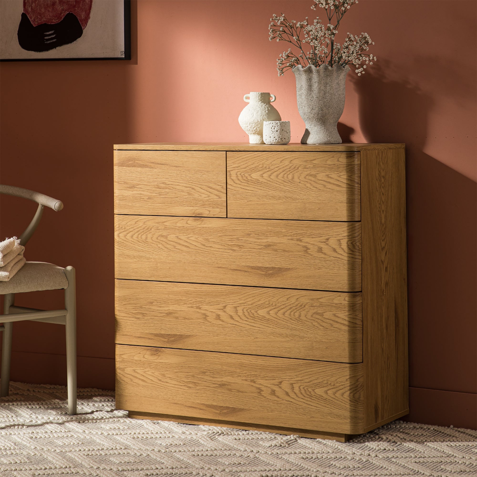 Agnes Curved Edge 5 Drawer Dresser, Natural