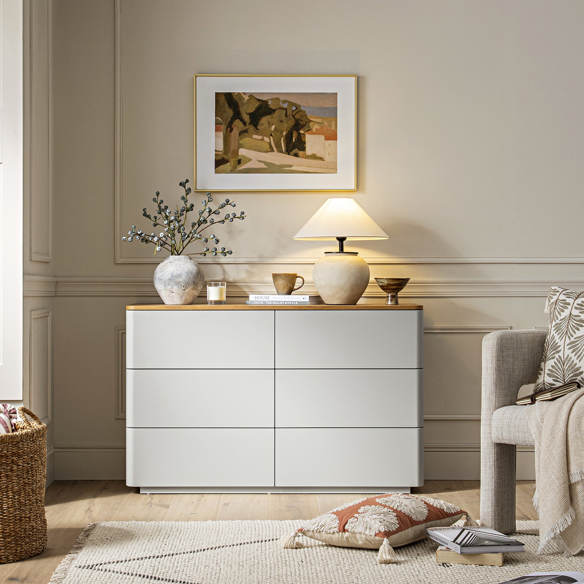 Agnes Curved Edge 6 Drawer Dresser, Dove Grey with Oak Top