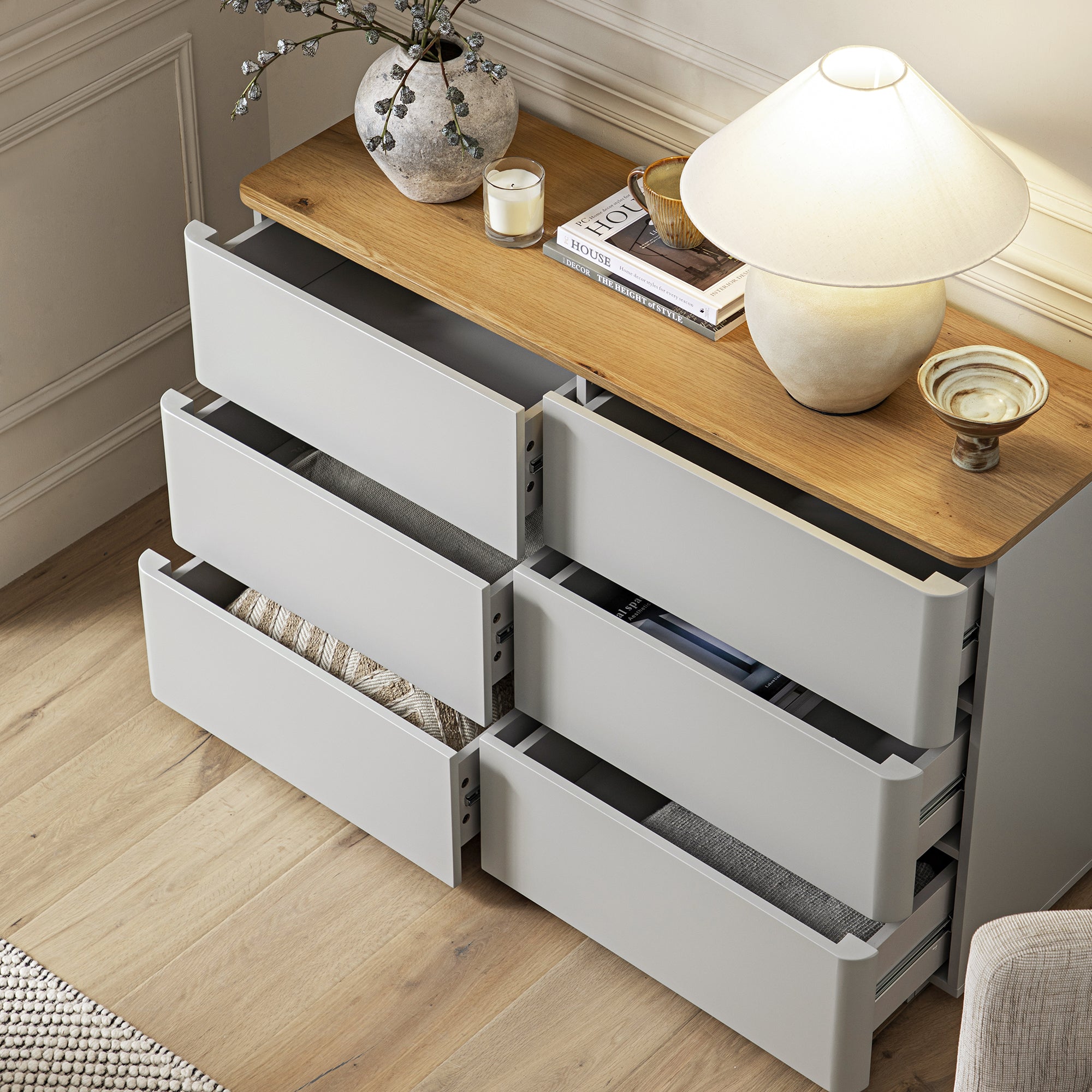 Agnes Curved Edge 6 Drawer Dresser, Dove Grey with Oak Top