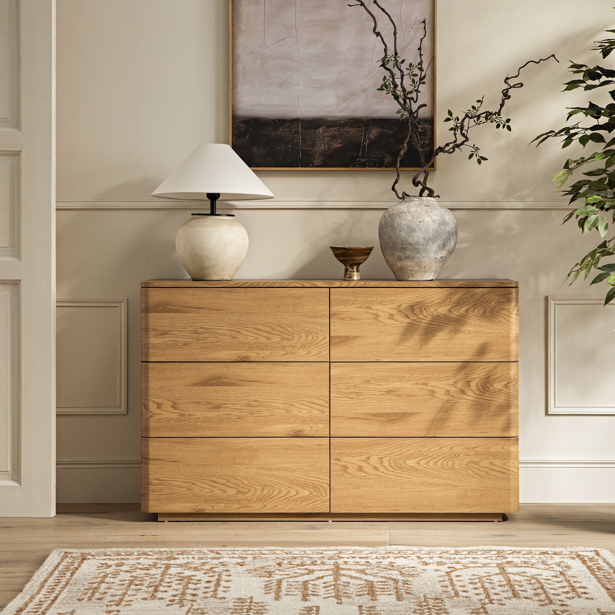 Agnes Curved Edge 6 Drawer Dresser, Natural