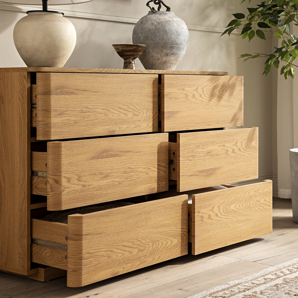 Agnes Curved Edge 6 Drawer Dresser, Natural