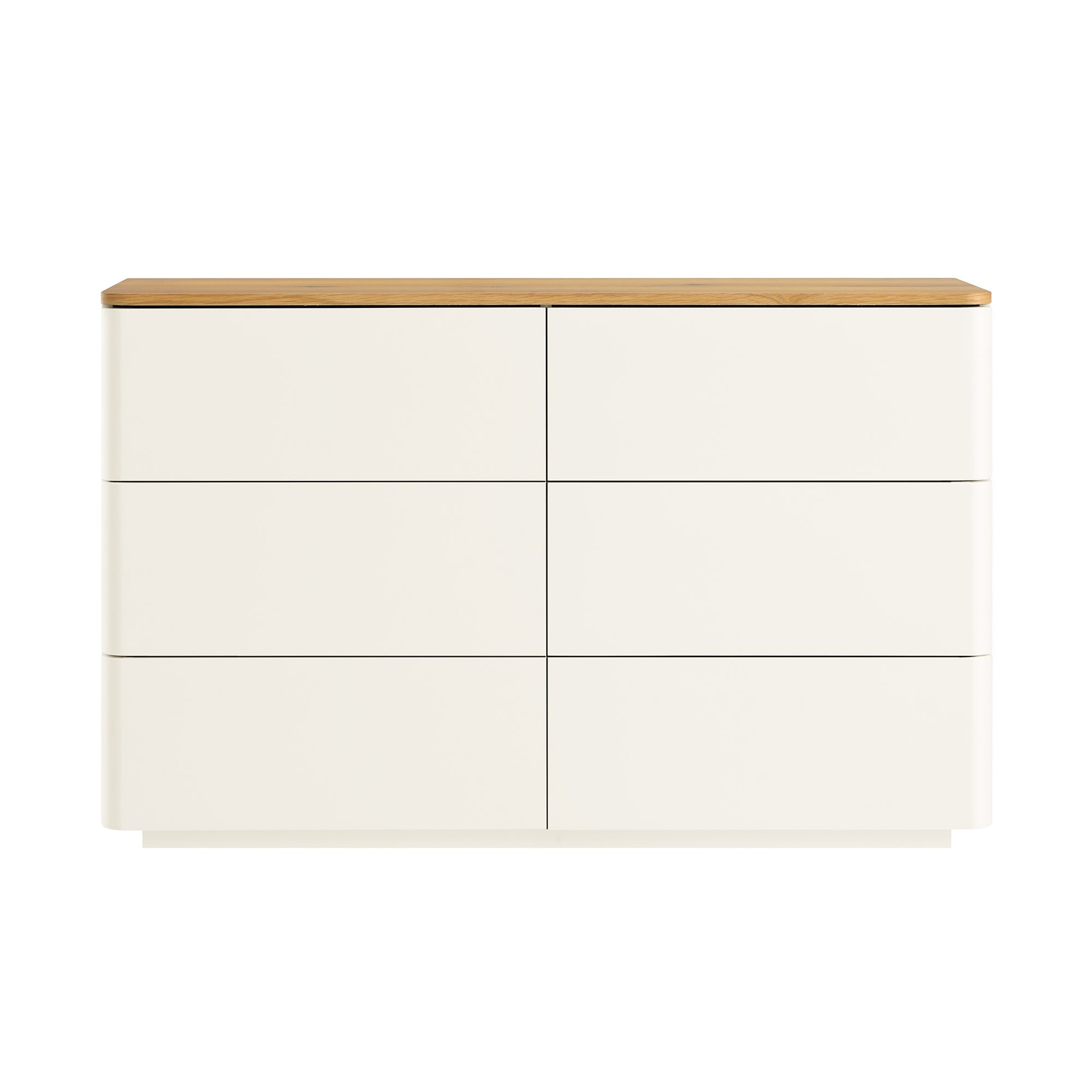 Agnes Curved Edge 6 Drawer Dresser, Off White with Oak Top