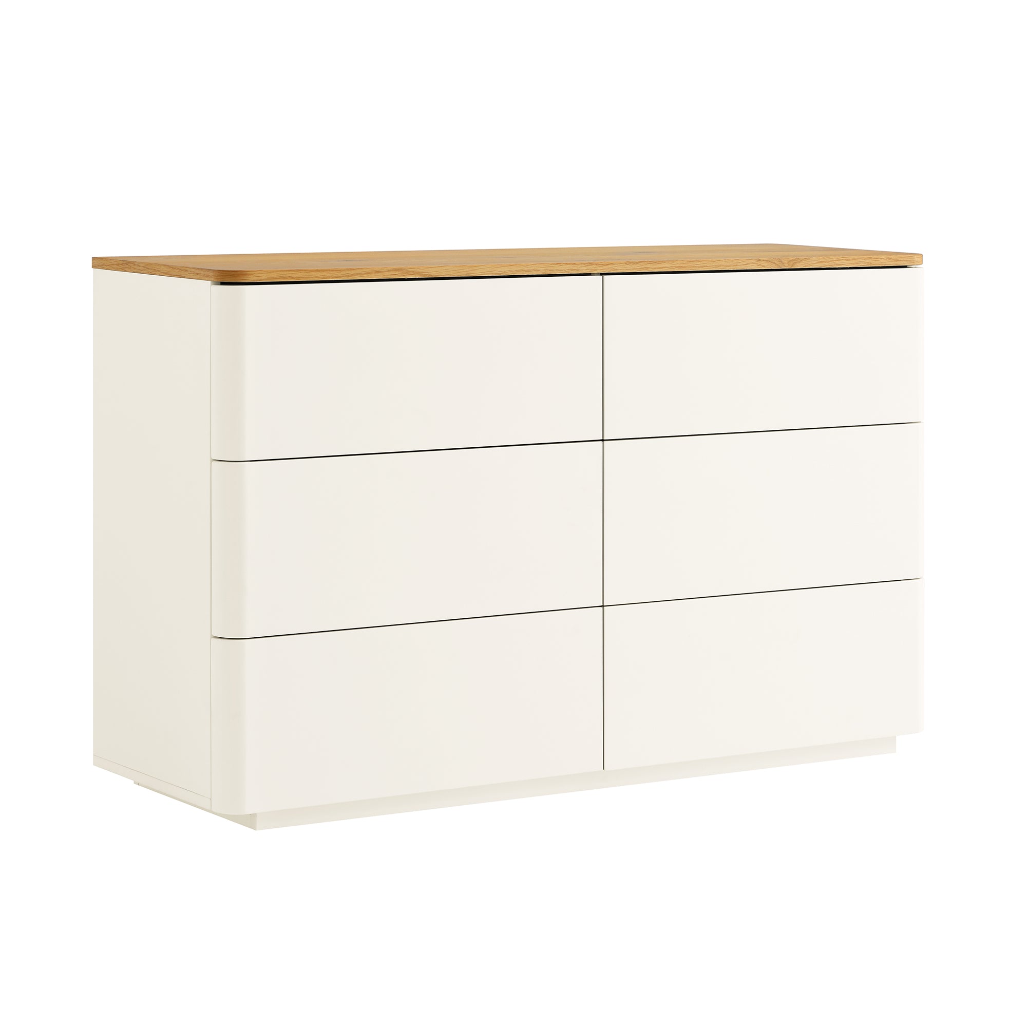 Agnes Curved Edge 6 Drawer Dresser, Off White with Oak Top