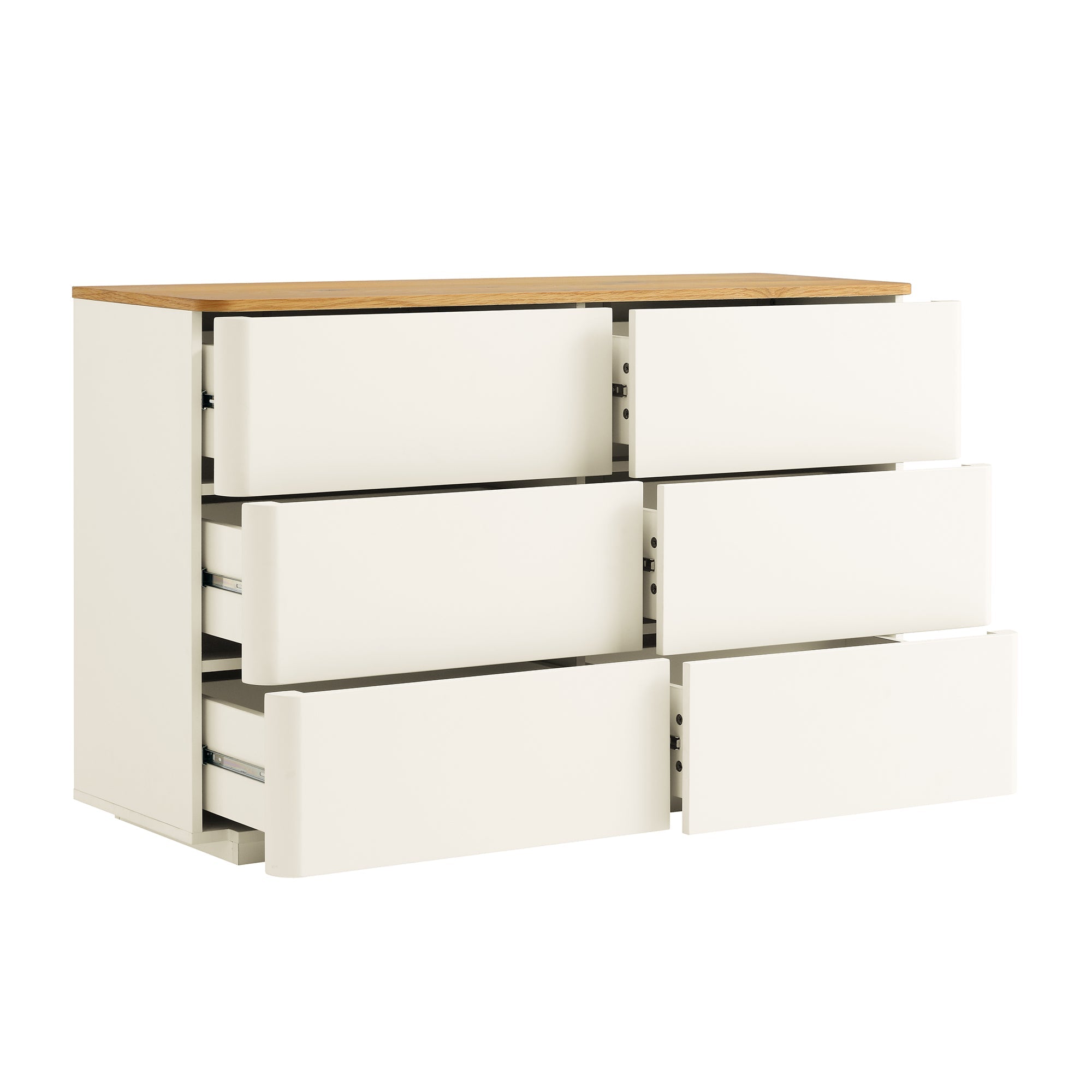 Agnes Curved Edge 6 Drawer Dresser, Off White with Oak Top