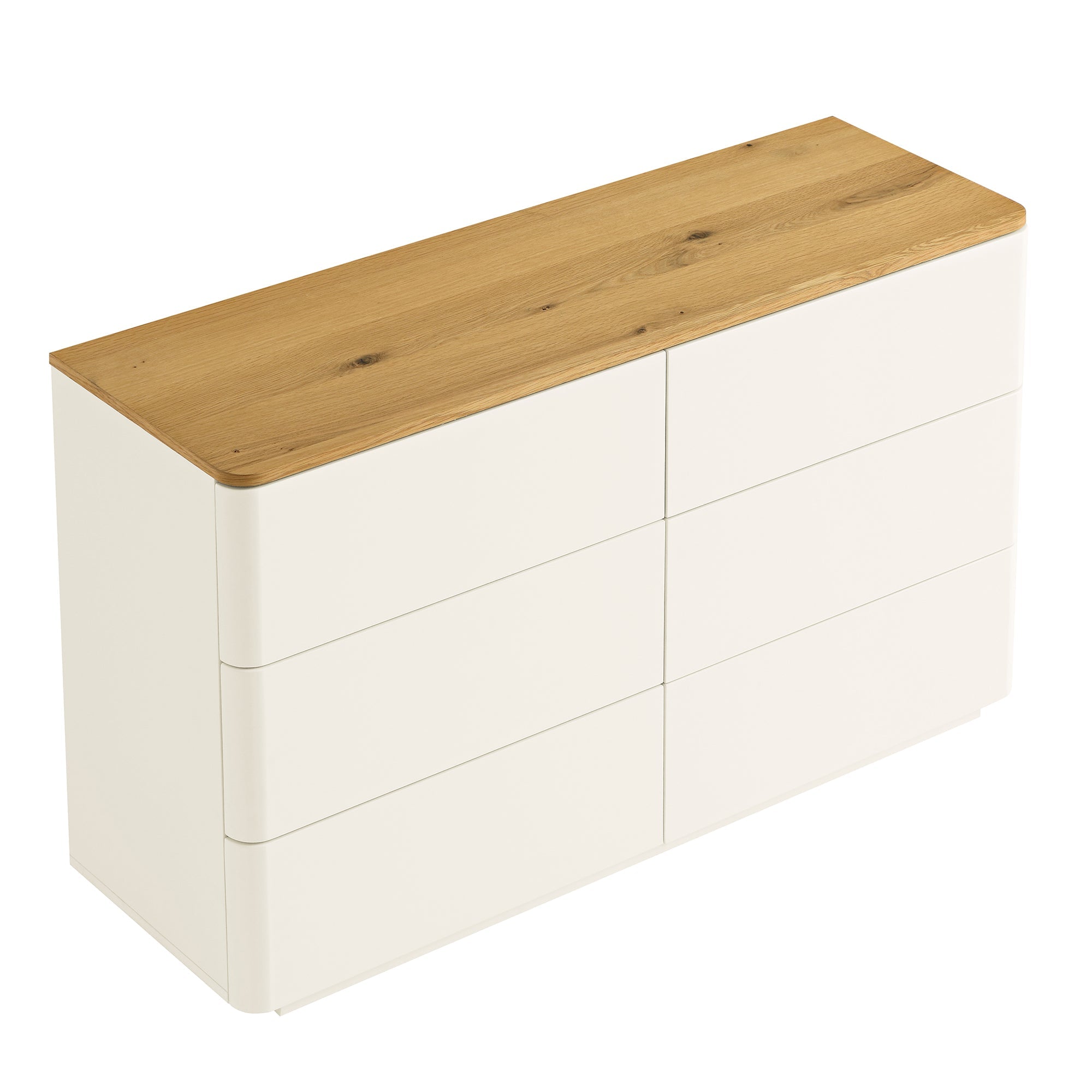 Agnes Curved Edge 6 Drawer Dresser, Off White with Oak Top