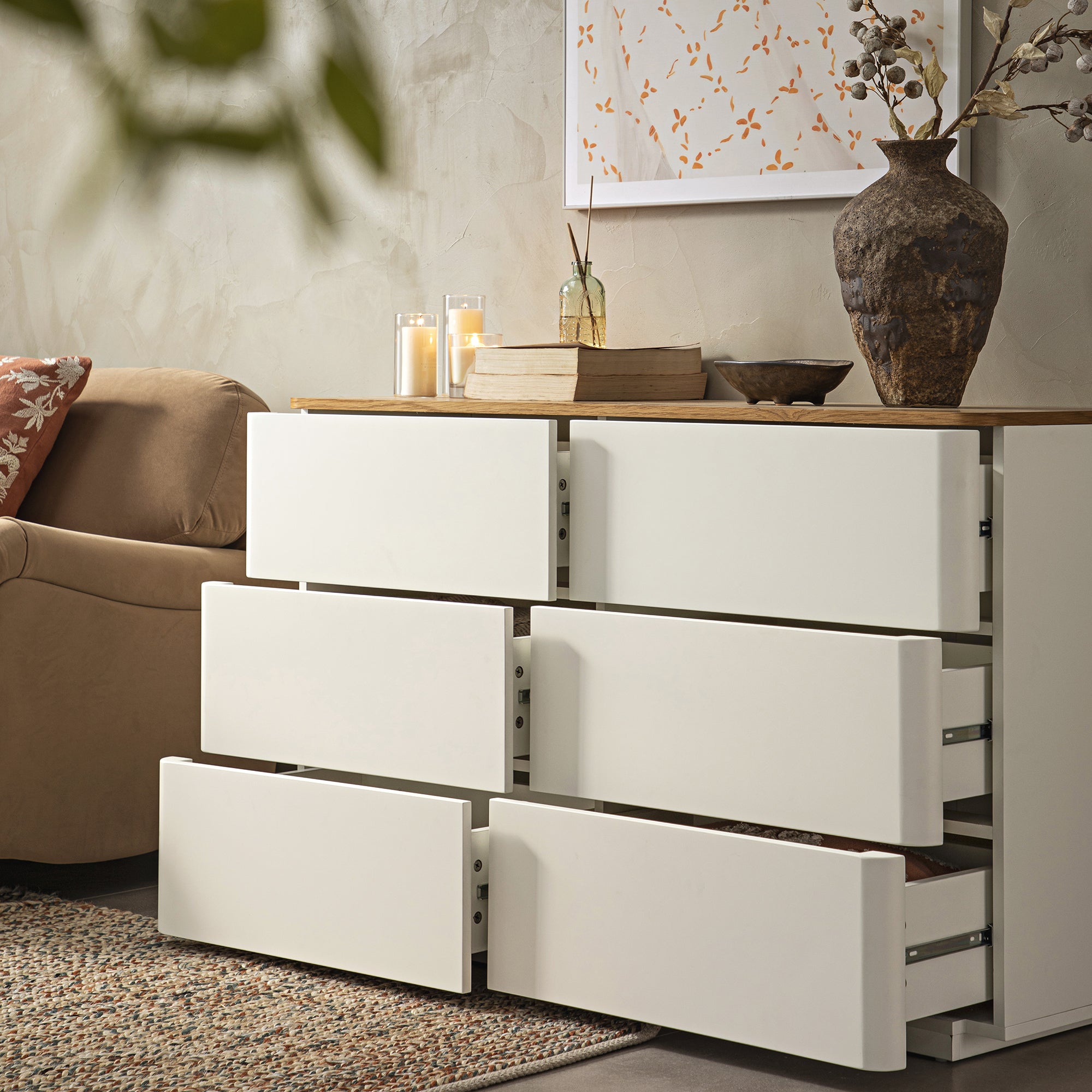 Agnes Curved Edge 6 Drawer Dresser, Off White with Oak Top