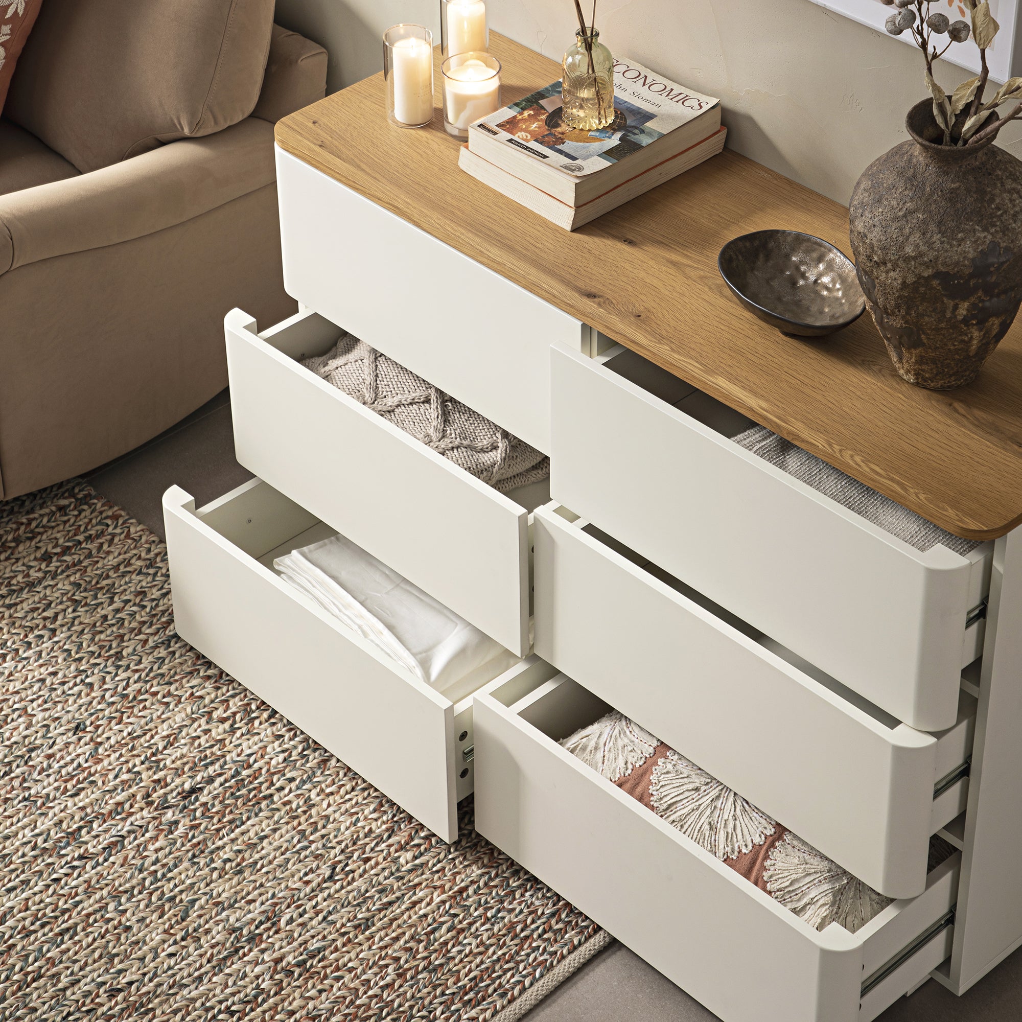 Agnes Curved Edge 6 Drawer Dresser, Off White with Oak Top