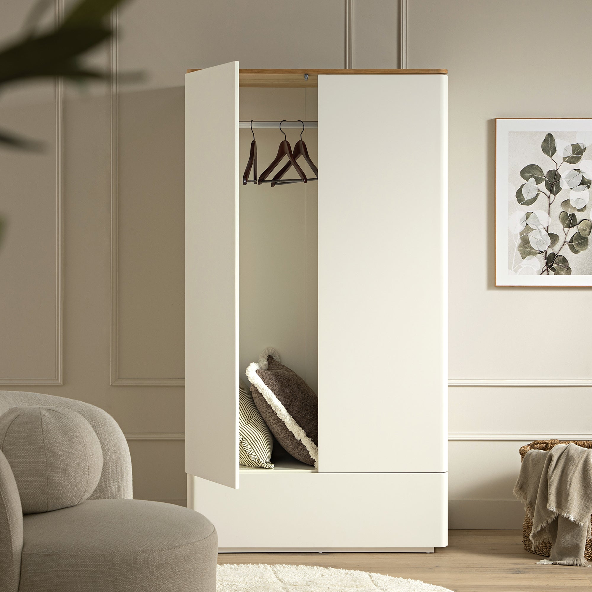 Agnes Curved Edge Double Closet, Off White with Oak Top