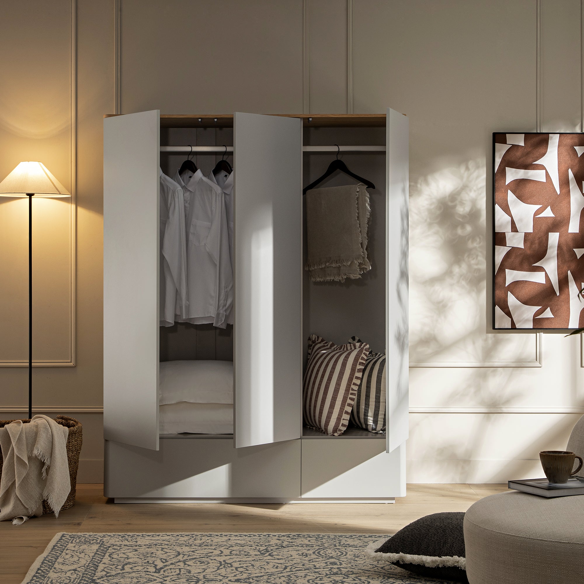 Agnes Curved Edge Triple Closet, Dove Grey with Oak Top