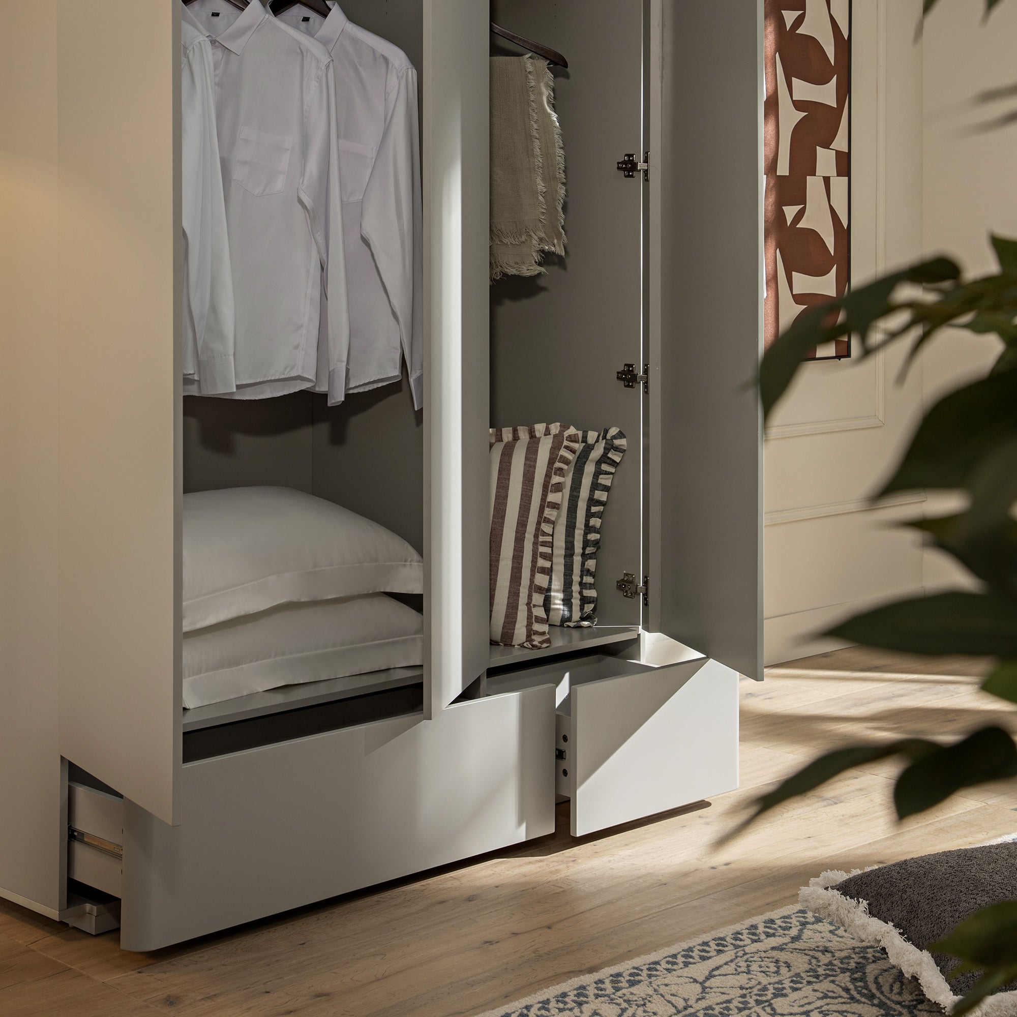 Agnes Curved Edge Triple Closet, Dove Grey with Oak Top